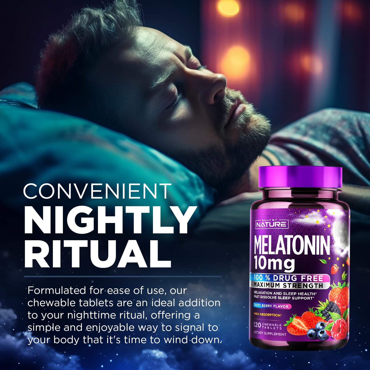 Built by Nature Melatonin 10mg Chewables – Max Strength Melatonin - Fast Dissolve Chews for Adults – Drug-Free Sleep Aid Supplement - Vegan, Non-GMO, Gluten-Free – Berry Flavor