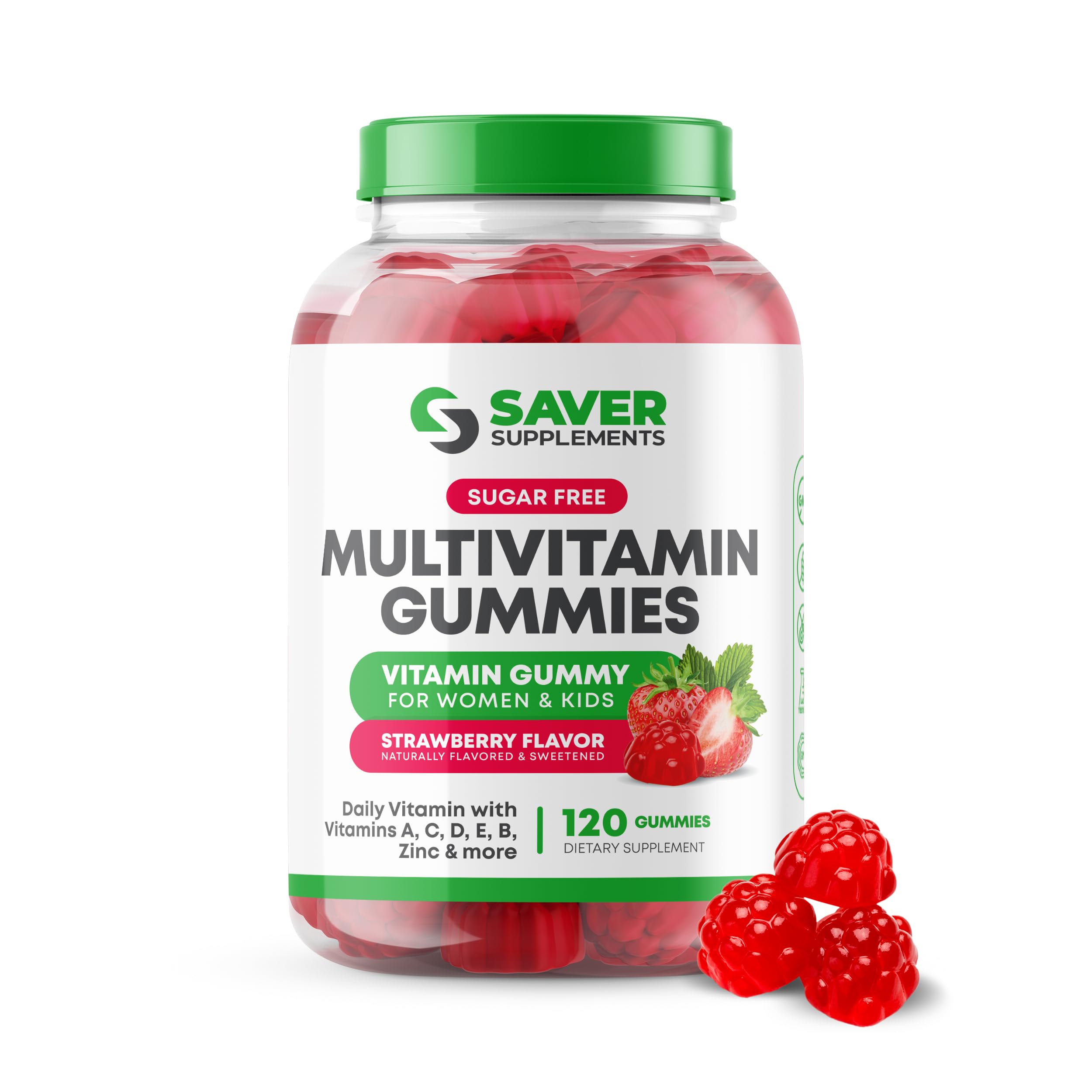 Saver Supplements Sugar Free Multivitamin Gummies, 120 Gummies – Naturally Flavored and Sweetened Vitamin Gummy for Women and Kids – Strawberry Flavor