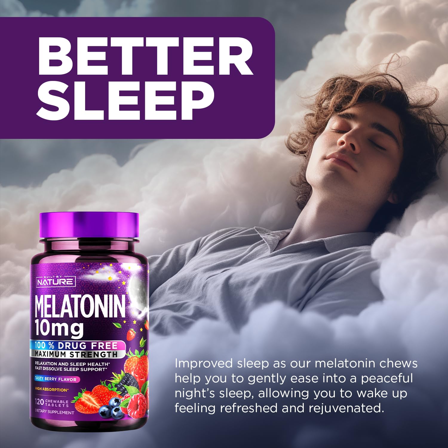 Built by Nature Melatonin 10mg Chewables – Max Strength Melatonin - Fast Dissolve Chews for Adults – Drug-Free Sleep Aid Supplement - Vegan, Non-GMO, Gluten-Free – Berry Flavor