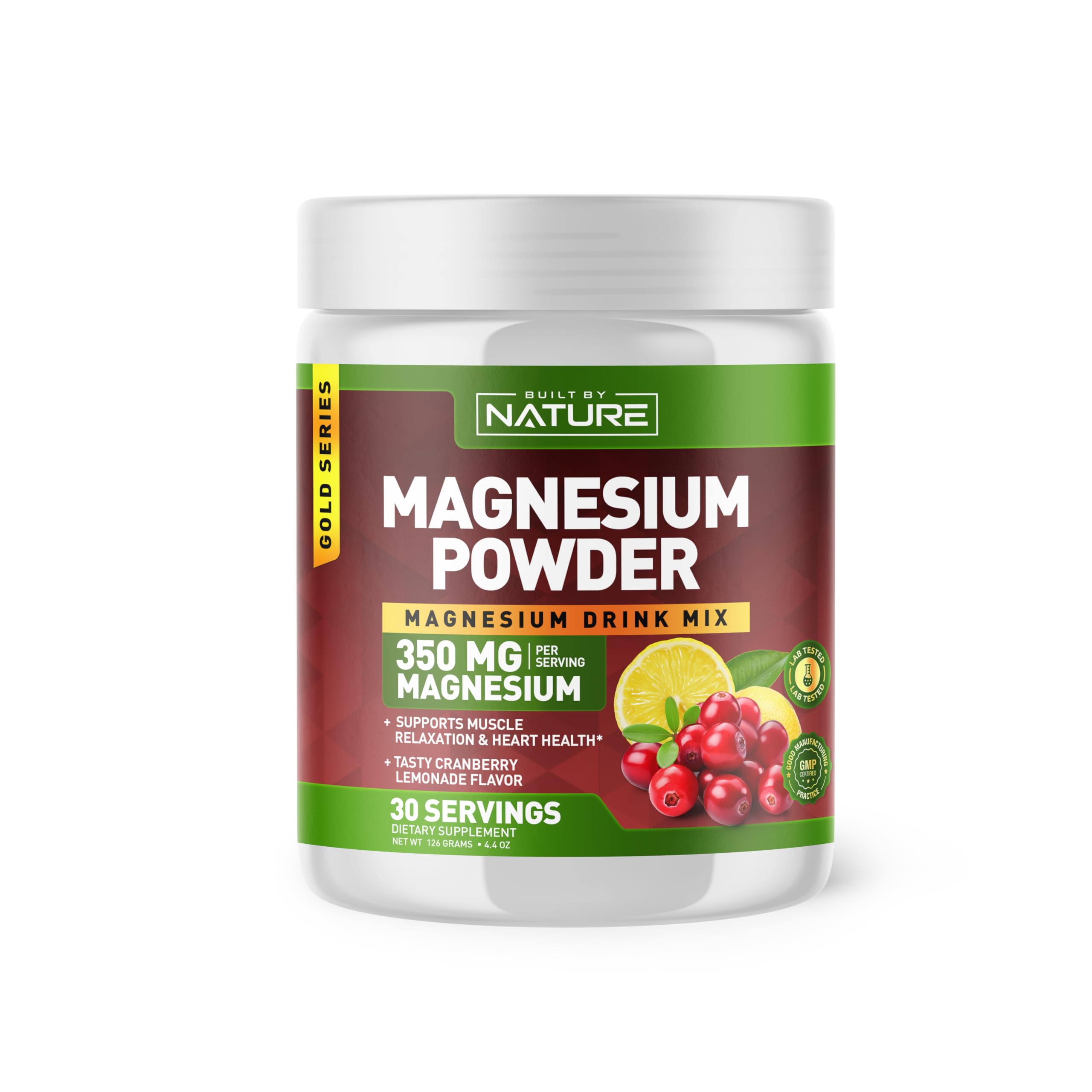 Built by Nature Magnesium Powder - Anti-Stress Drink Mix for Calm & Regularity - Magnesium Citrate Supplement - Relaxation, Muscle & Heart Support - Cranberry Lemonade Flavor - 30 Servings