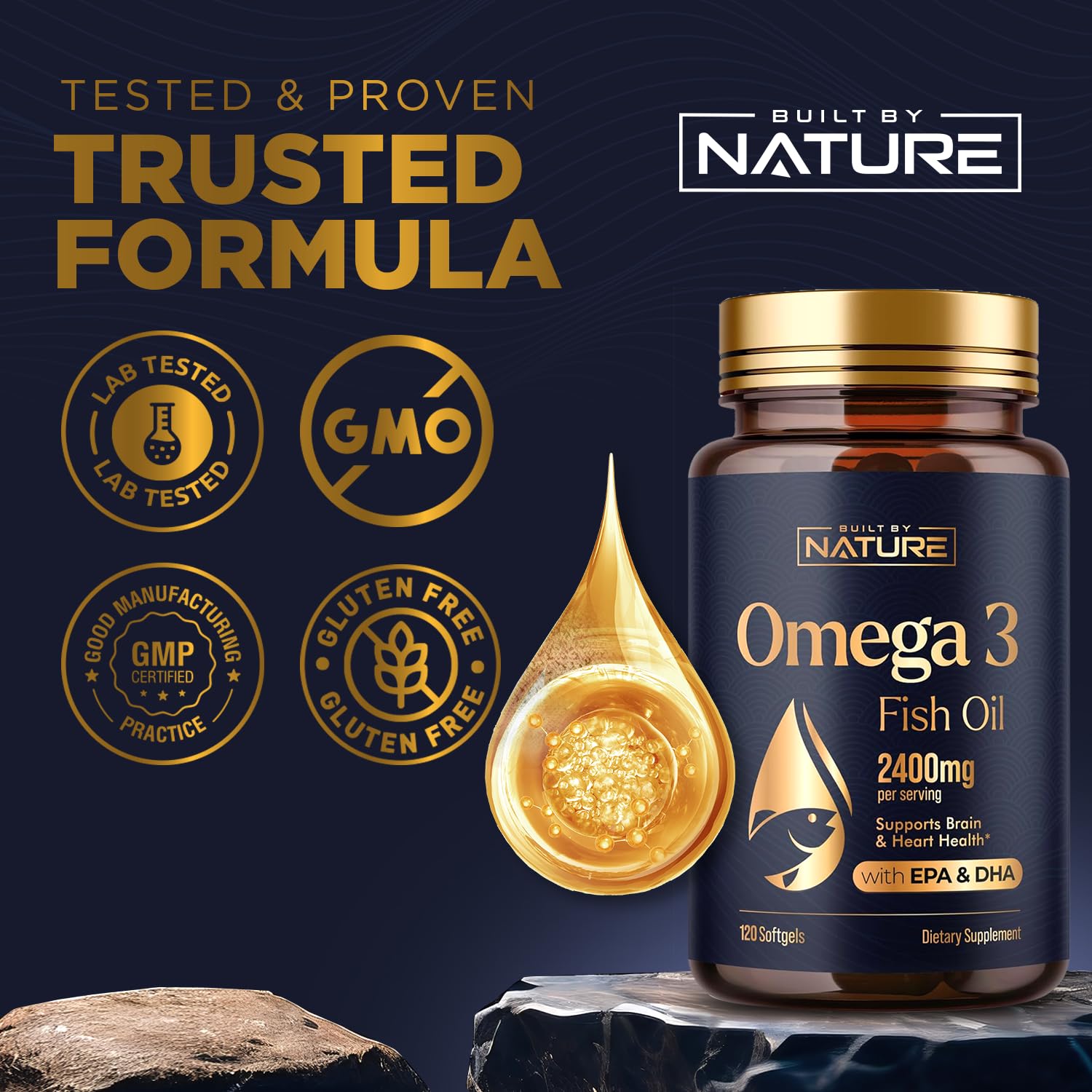 Omega 3 Fish Oil Supplement – 2400mg Fish Oil with EPA & DHA Omega-3 Fatty Acids from Sustainably Sourced Wild Caught Peruvian Anchovy - Heart & Brain Health Support - Non-GMO