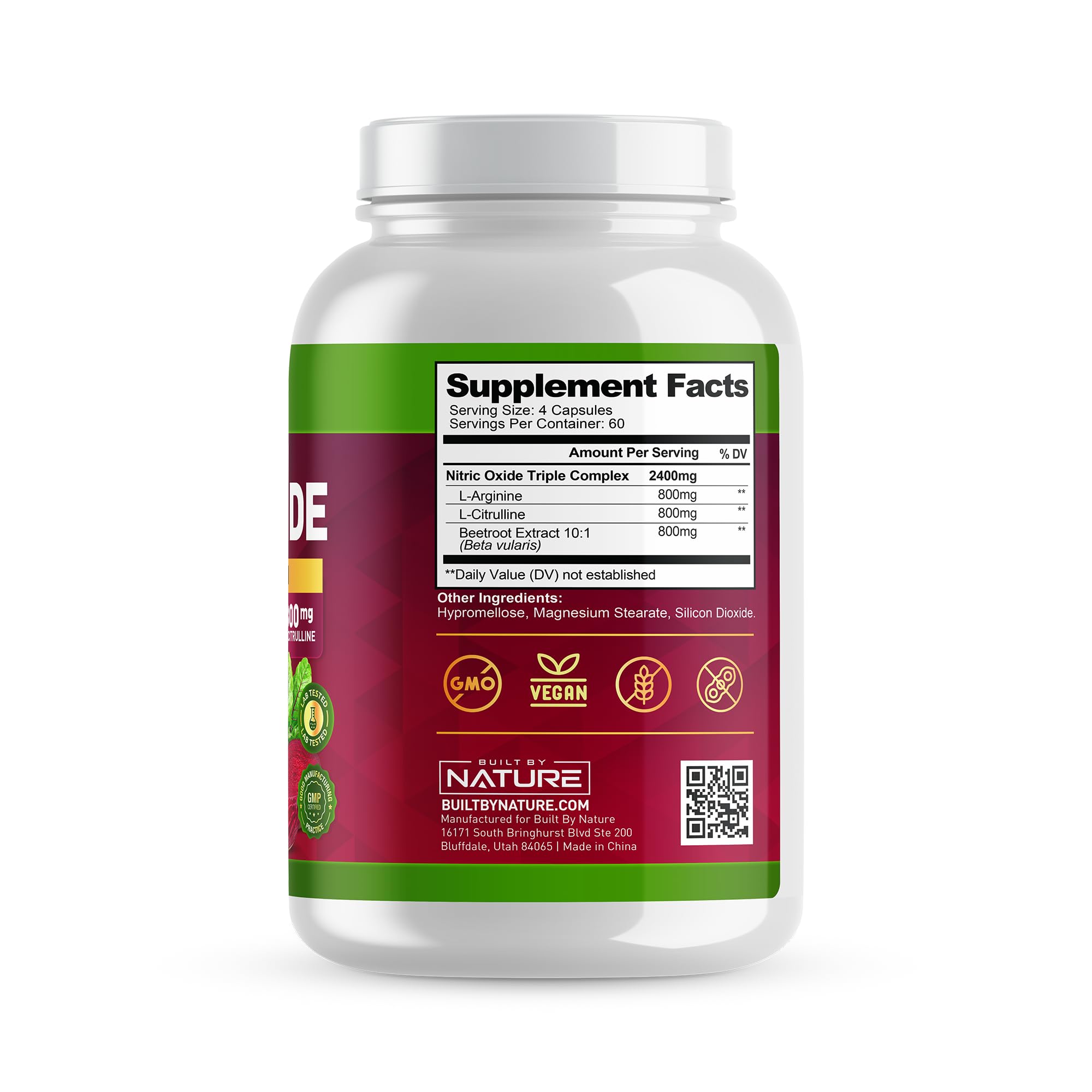 Built by Nature Nitric Oxide Supplement 2400mg with L-Arginine, L-Citrulline and Beet Root Extract, 240 Capsules