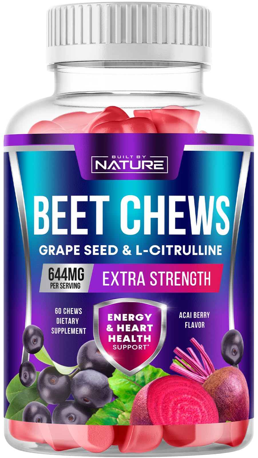 Built by Nature Beets Chews - Nitric Oxide Support with Non-GMO Beet Root & Grape Seed Extract – Chewable Heart and Energy Support Supplement - Acai Berry Flavor - 60 Chews