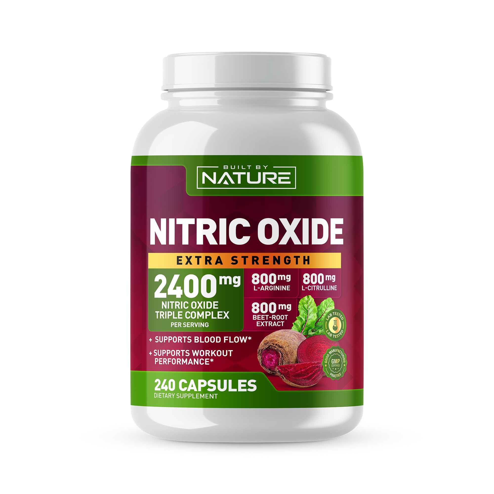 Built by Nature Nitric Oxide Supplement 2400mg with L-Arginine, L-Citrulline and Beet Root Extract, 240 Capsules