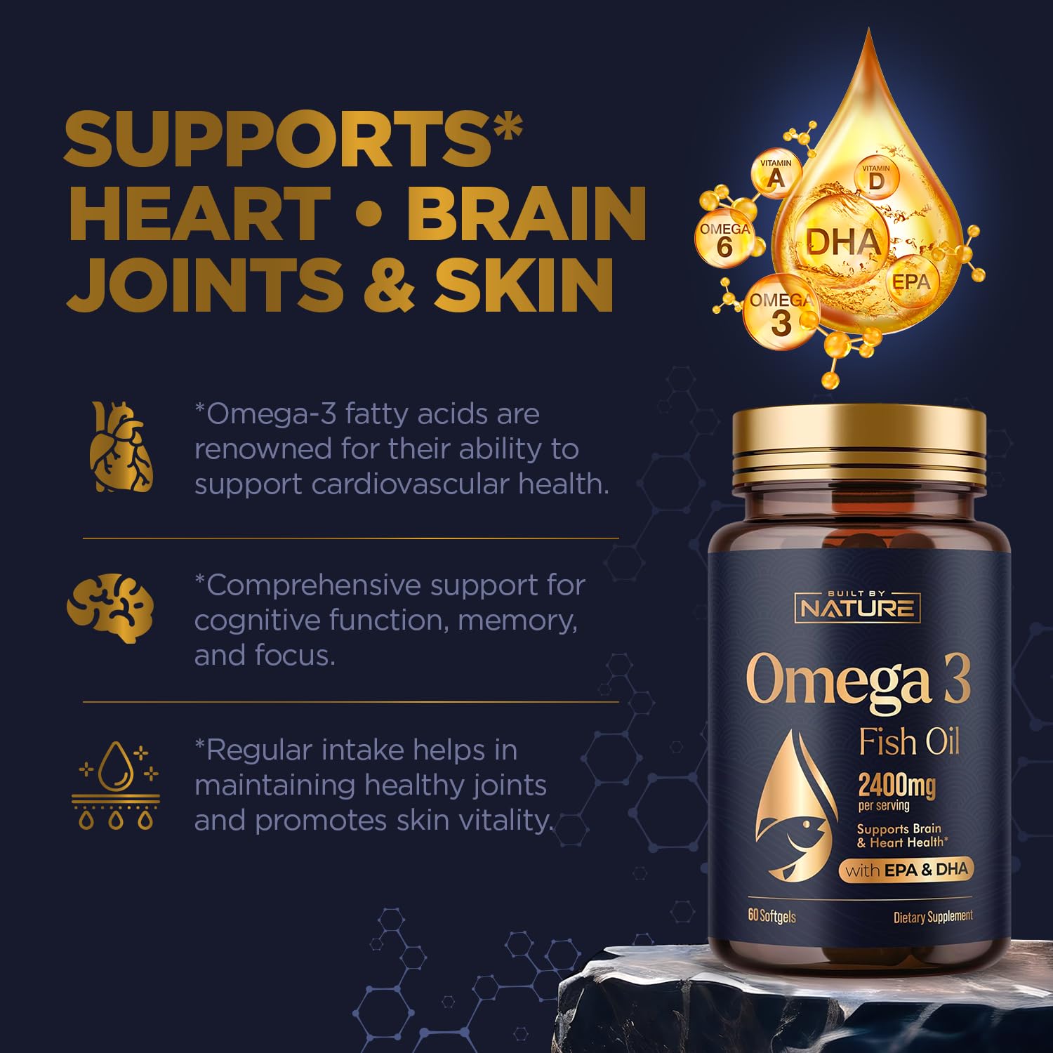 Omega 3 Fish Oil Supplement – 2400mg Fish Oil with EPA & DHA Omega-3 Fatty Acids from Sustainably Sourced Wild Caught Peruvian Anchovy - Heart & Brain Health Support - Non-GMO