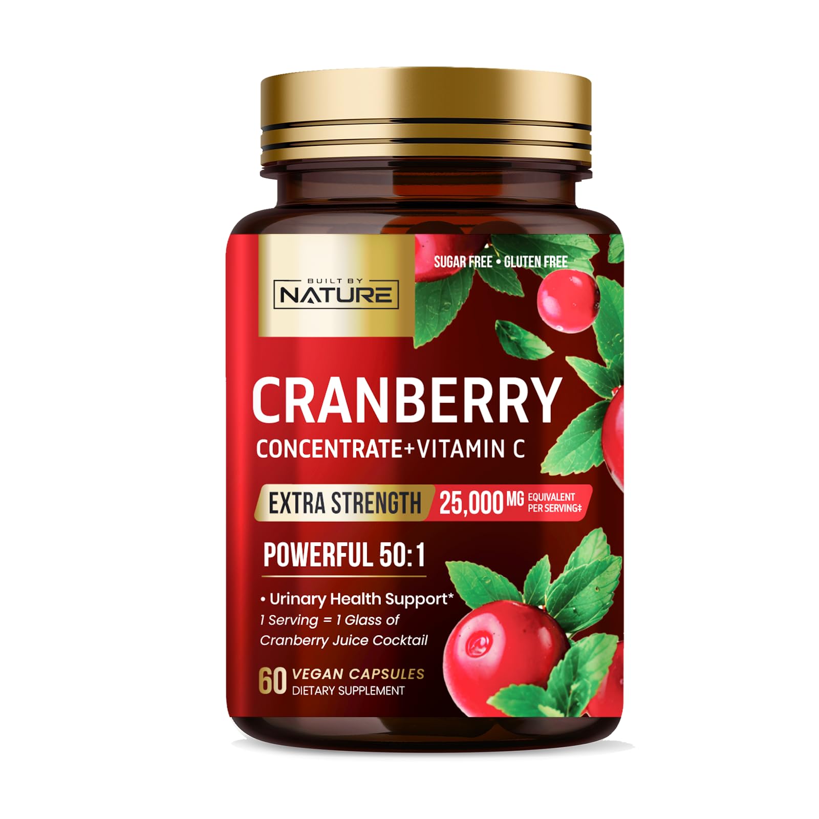 Built by Nature Cranberry Pills 25,000mg - Extra Strength 50:1 Concentrate Extract with Vitamin C - Urinary Tract Health Supplement for Women - Non-GMO, Sugar Free, Vegan - 60 Capsules