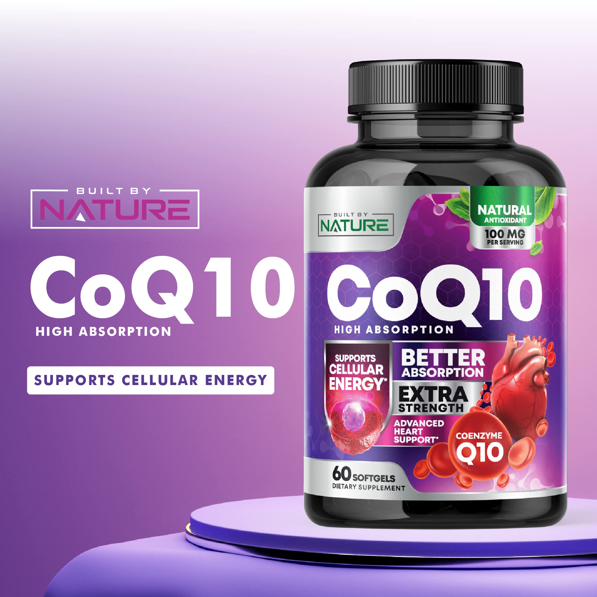 CoQ10 100mg Softgels, High Absorption Coenzyme Q10, Heart Health & Energy Production Support, Rapid Release Antioxidant Supplement - Gluten Free, Naturally Fermented, 60 Count – 2 Month Supply