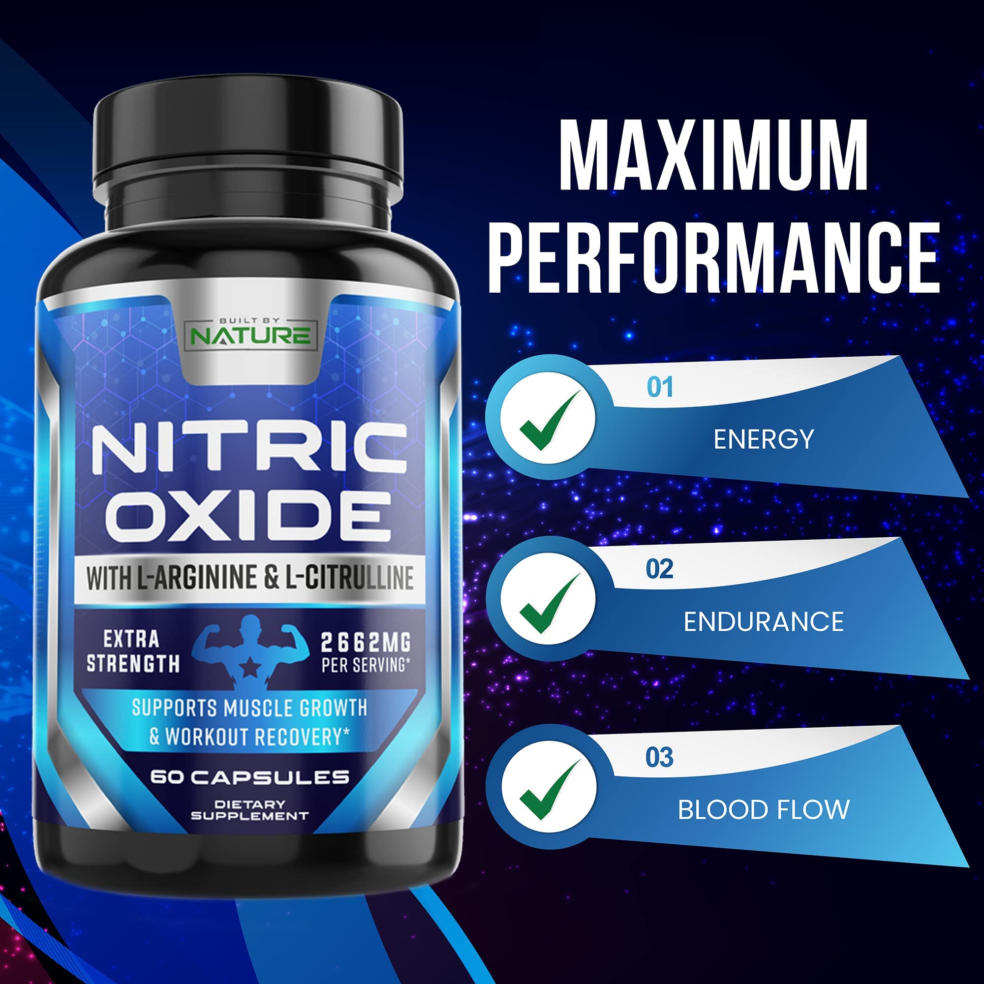 Nitric Oxide Supplement L Arginine Extra Strength - Citrulline Malate, AAKG, Beta Alanine - Premium Muscle Supporting Nitric Booster for Strength & Energy to Train Harder - 60 Capsules