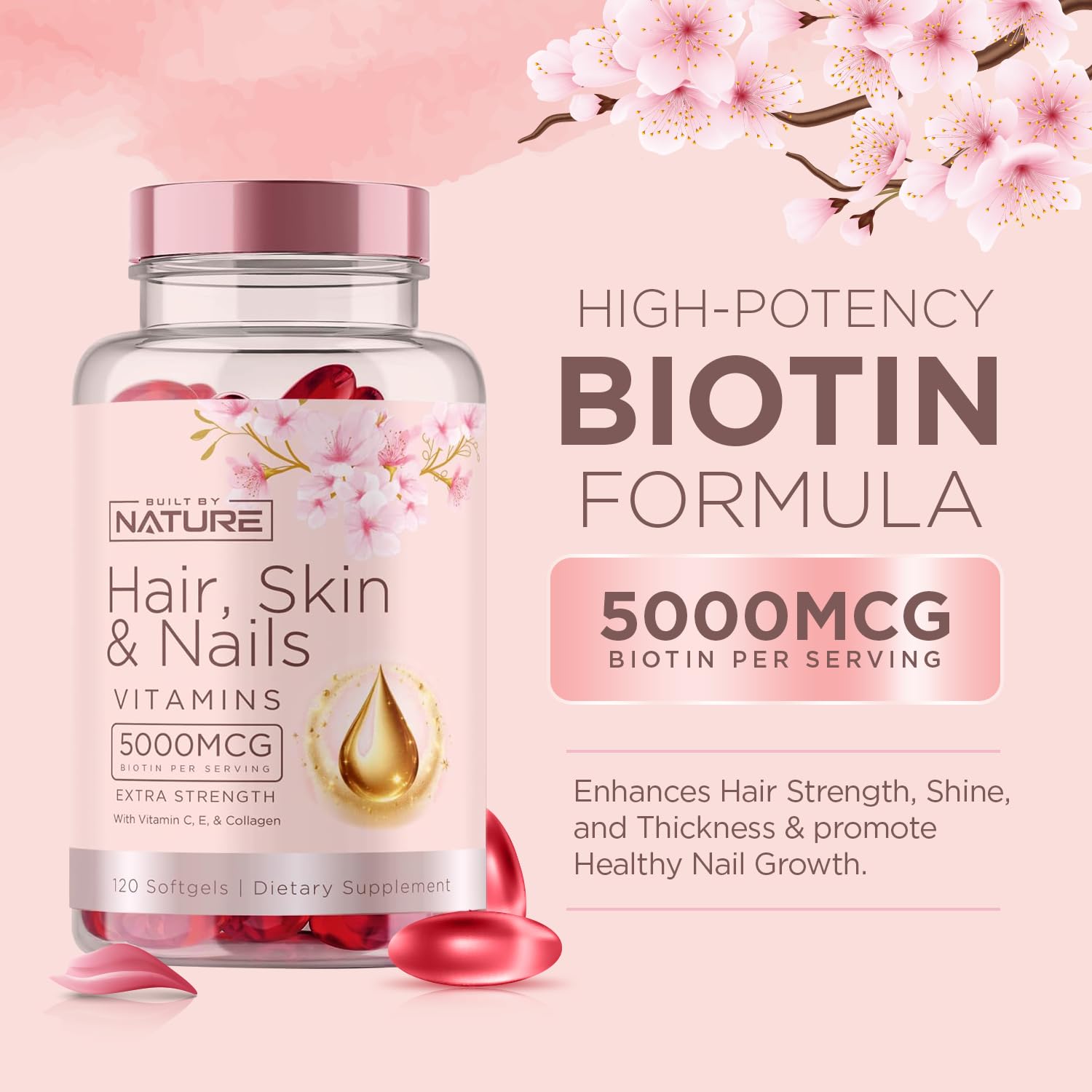 Built by Nature Hair Skin and Nails Vitamins – 5000mcg Biotin with Vitamin C, E, Collagen, Hyaluronic Acid, Argan & Coconut Oil – Luscious Hair Growth & Radiant Skin Supplement for Women