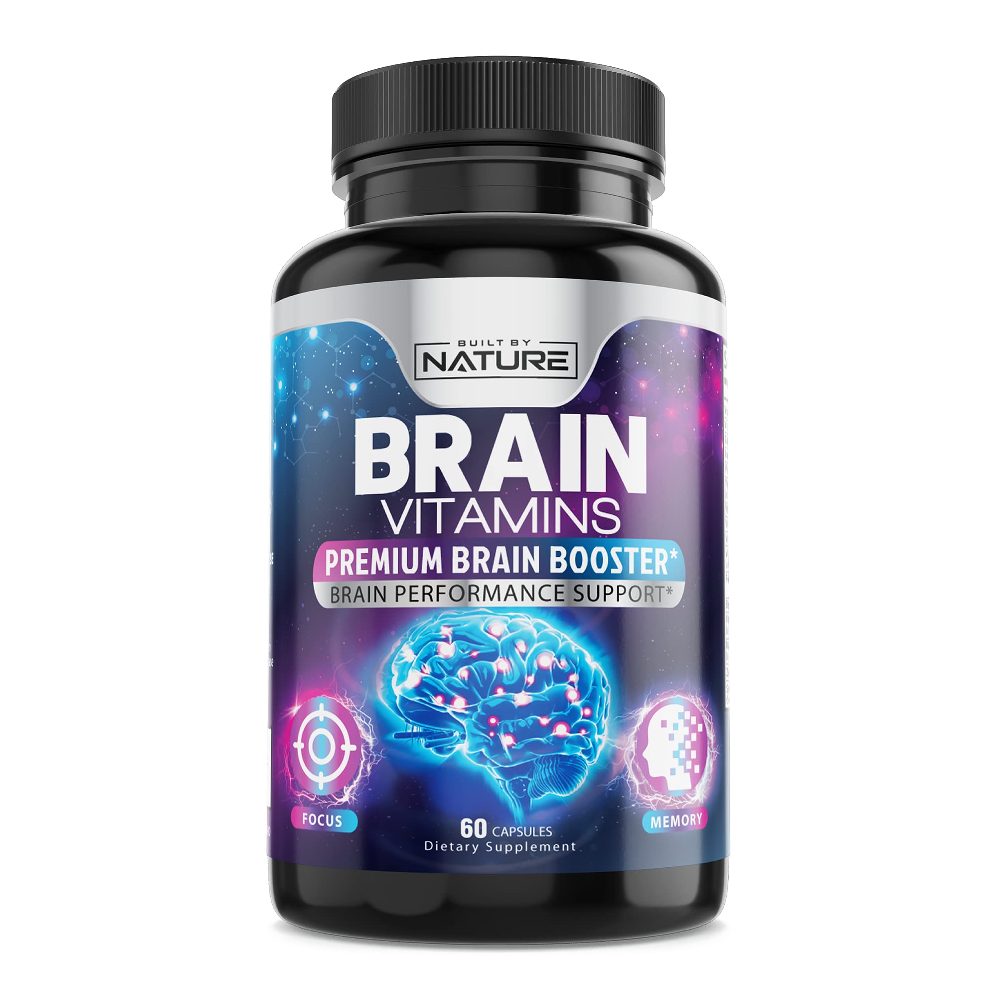 Nootropic Brain Booster Supplement - Memory, Focus & Concentration Support with Vitamins B6 & B12, Proven and Tested Phosphatidylserine - Natural Cognitive Function & Energy Boost, 60 Capsules