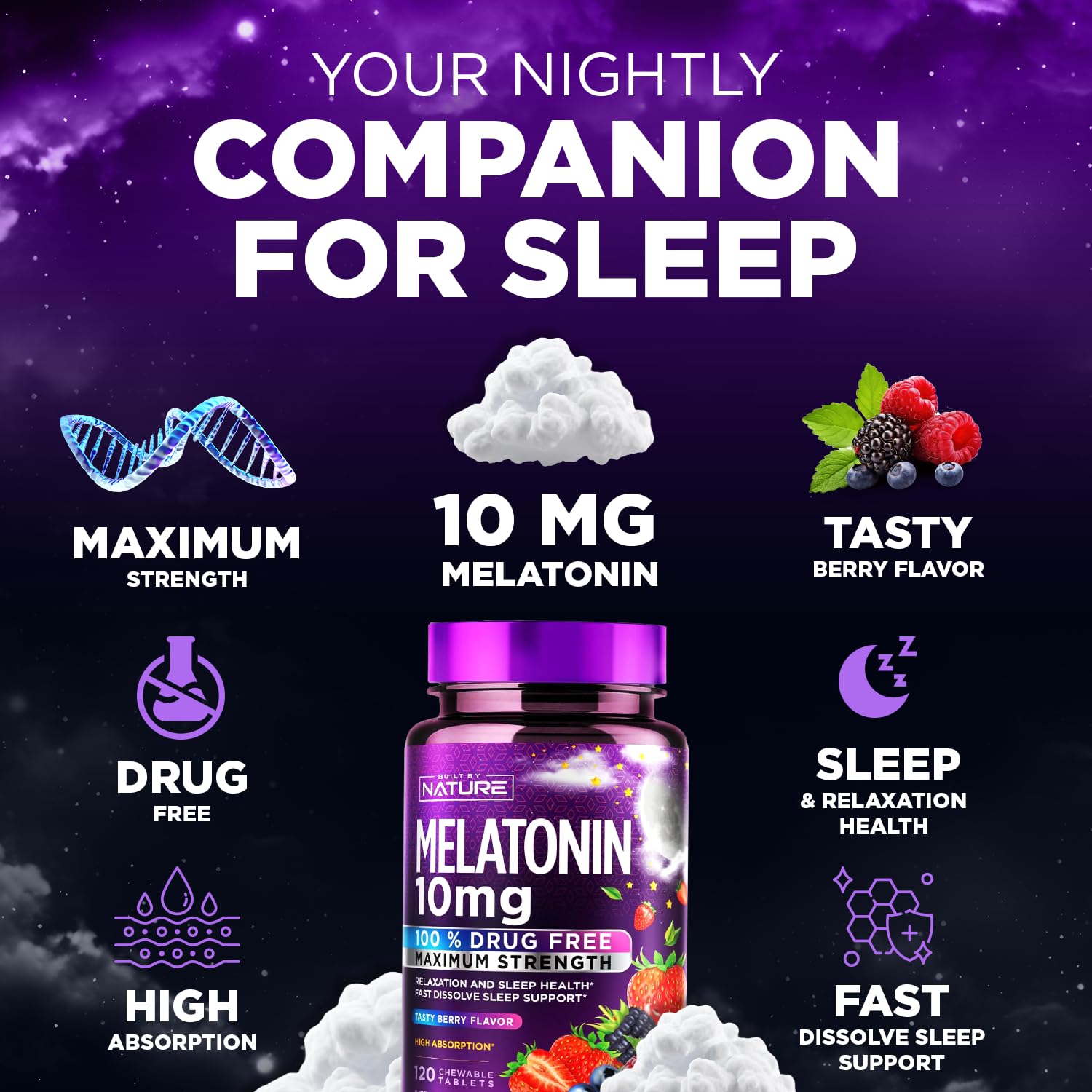 Built by Nature Melatonin 10mg Chewables – Max Strength Melatonin - Fast Dissolve Chews for Adults – Drug-Free Sleep Aid Supplement - Vegan, Non-GMO, Gluten-Free – Berry Flavor