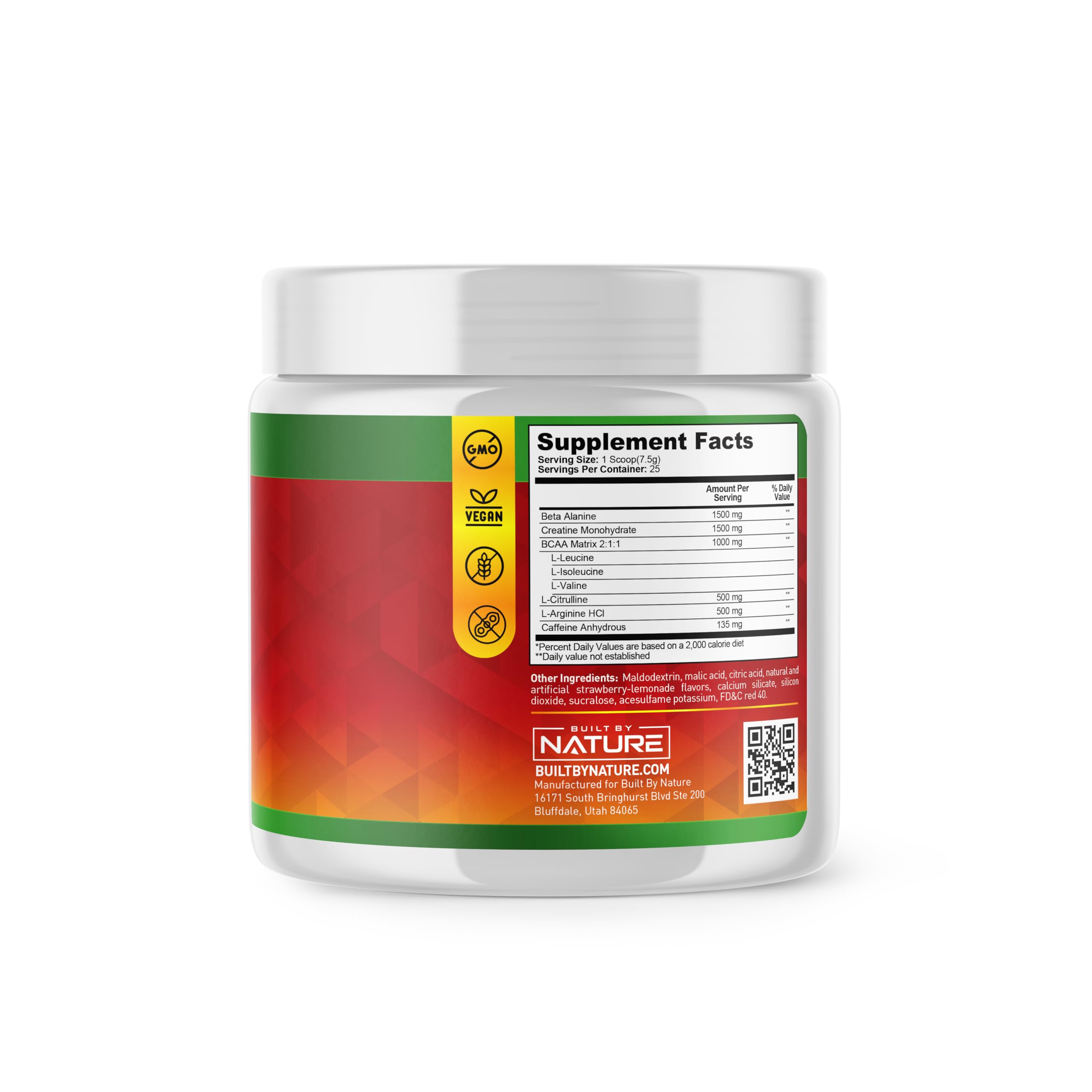 Built by Nature Pre Workout Powder with Beta Alanine, Creatine Monohydrate, BCAA, L Citrulline, L Arginine and Caffeine - Strawberry Lemonade Flavor - 25 Servings