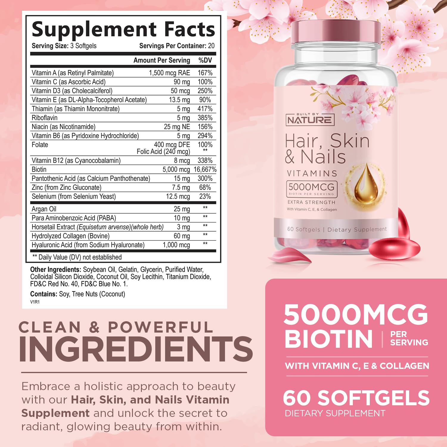 Built by Nature Hair Skin and Nails Vitamins – 5000mcg Biotin with Vitamin C, E, Collagen, Hyaluronic Acid, Argan & Coconut Oil – Luscious Hair Growth & Radiant Skin Supplement for Women