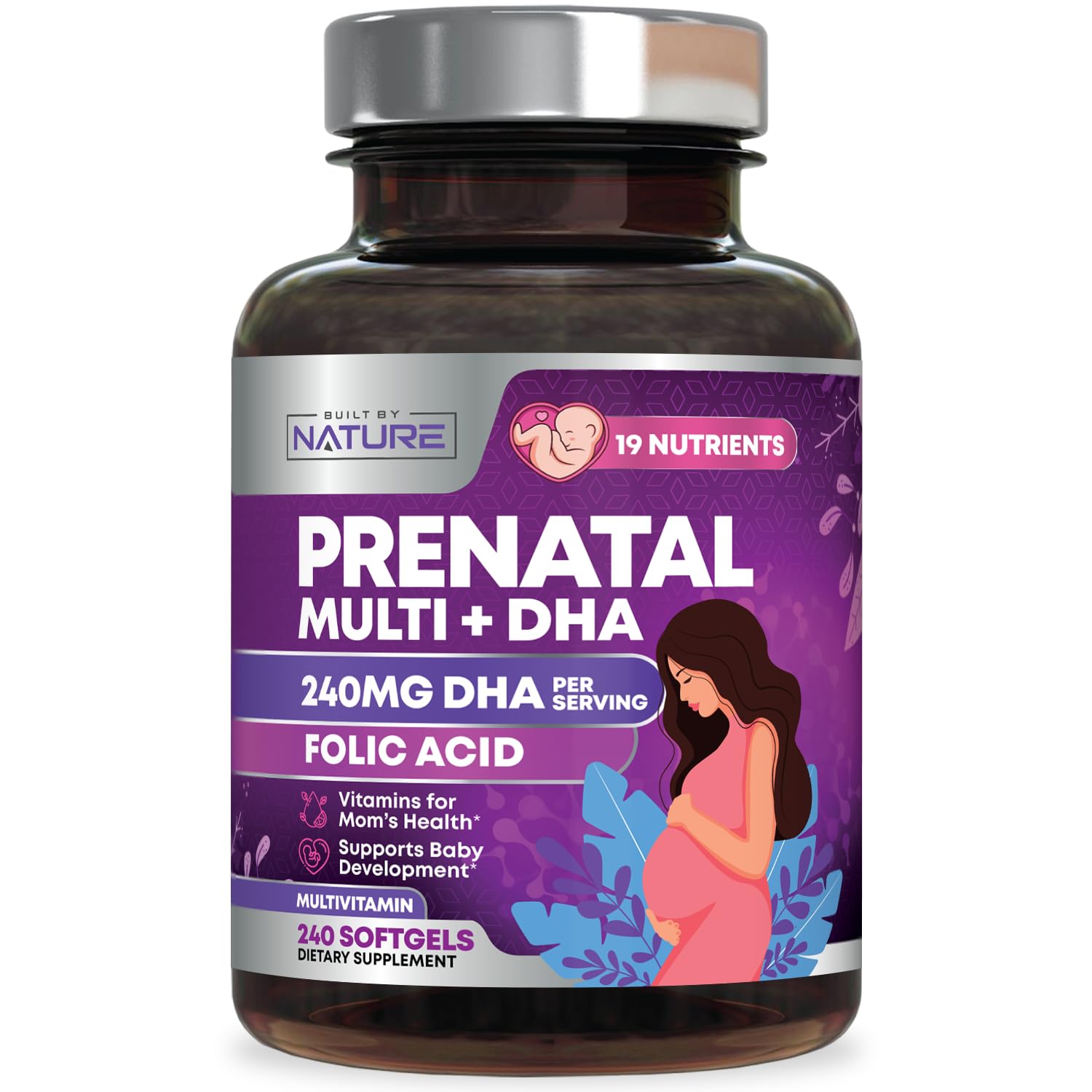 Built by Nature Prenatal Vitamins for Women - Multivitamin with DHA, Folic Acid, Vitamin C, B12, Iron & Omega-3 - Before, During & Post Pregnancy Supplement for Healthy Growth & Brain