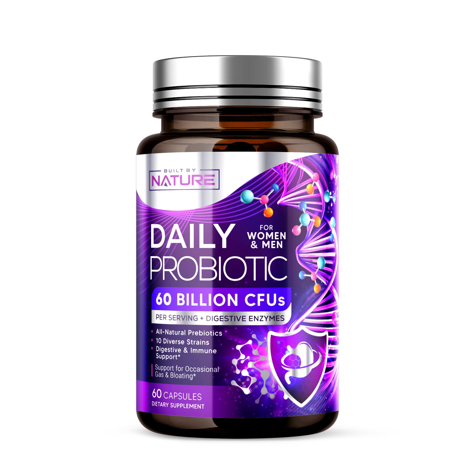 Built by Nature Probiotic - 60 Billion CFU with 10 Strains, Plus 8 Diverse Digestive Enzymes, and 4 Sources of Prebiotic Fibers – Daily Probiotic Supplement for Men and Women