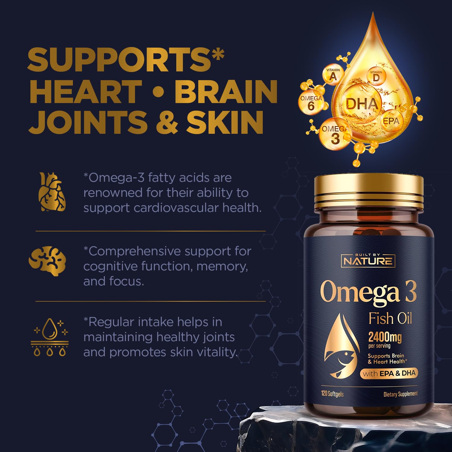 Omega 3 Fish Oil Supplement – 2400mg Fish Oil with EPA & DHA Omega-3 Fatty Acids from Sustainably Sourced Wild Caught Peruvian Anchovy - Heart & Brain Health Support - Non-GMO