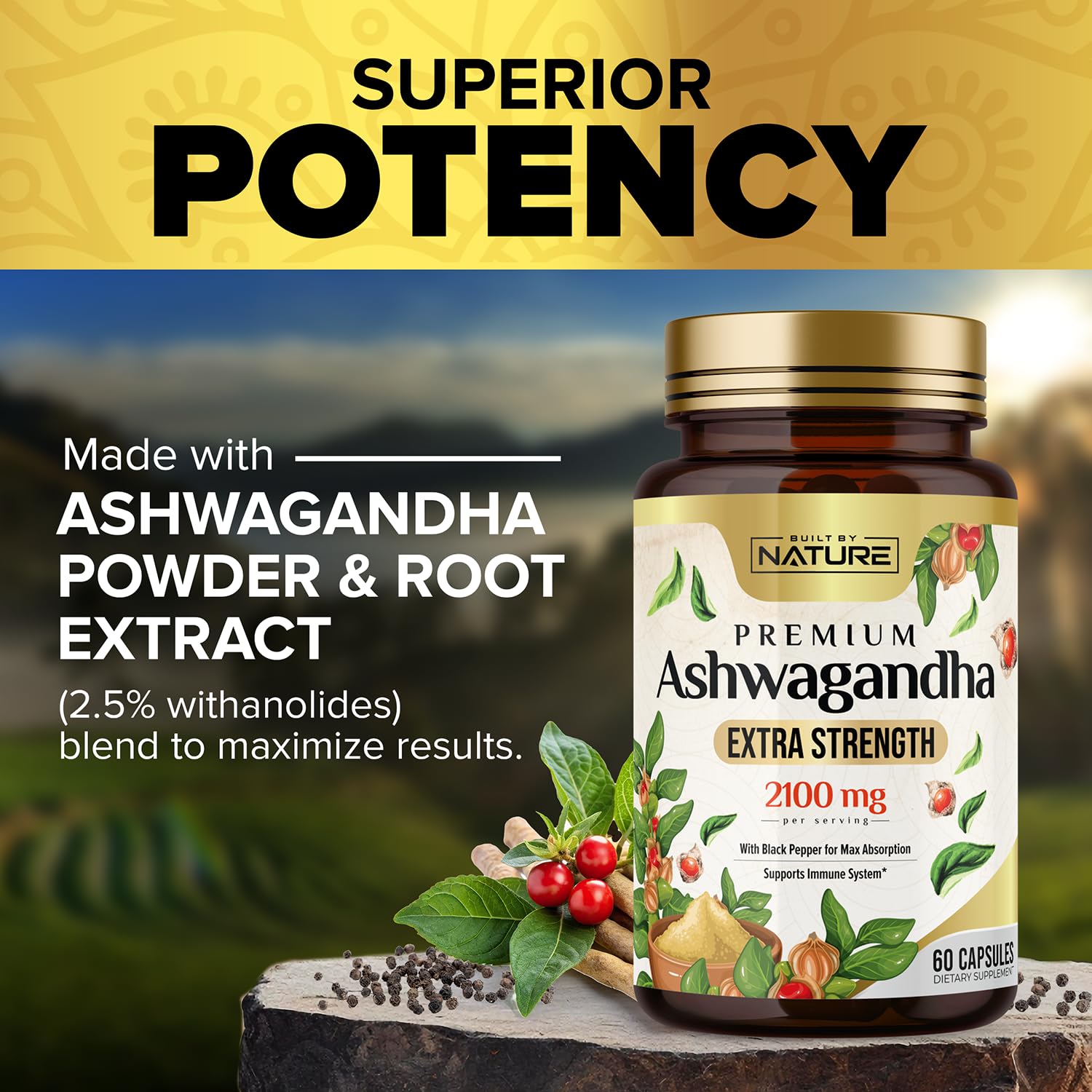 Built by Nature Ashwagandha 2100mg Extra Strength Stress Relief & Mood Support with Black Pepper Extract for Max Absorption - Non-GMO, Vegan, Gluten-Free - 60 Capsules