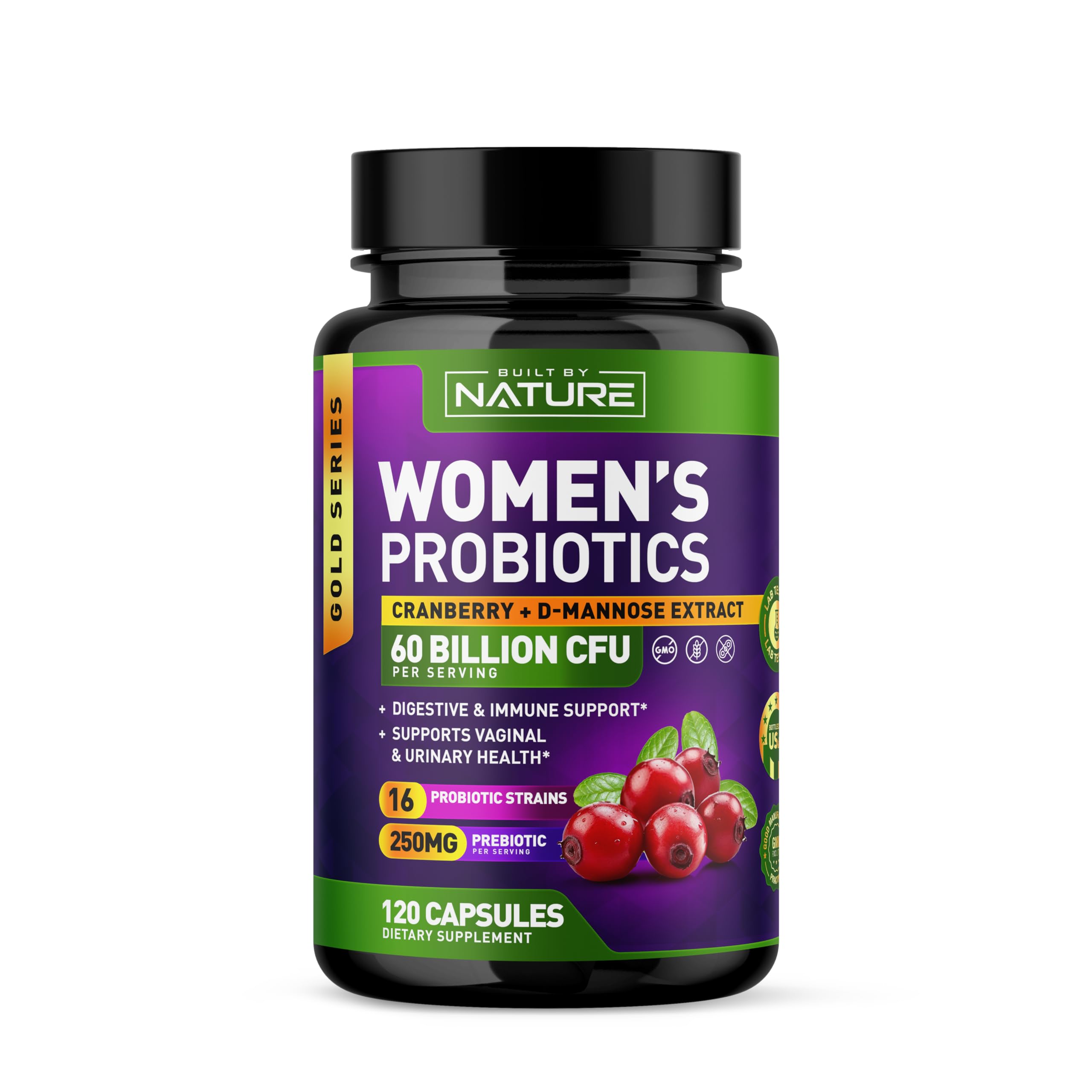 Built by Nature Probiotics for Women - 60 Billion CFUs, 16 Strains, with Cranberry, D-Mannose & Prebiotics - Supports Digestive, Immune, & Vaginal Health - Non-GMO, Dairy & Gluten-Free