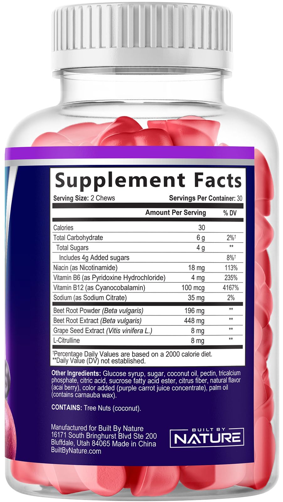 Built by Nature Beets Chews - Nitric Oxide Support with Non-GMO Beet Root & Grape Seed Extract – Chewable Heart and Energy Support Supplement - Acai Berry Flavor - 60 Chews