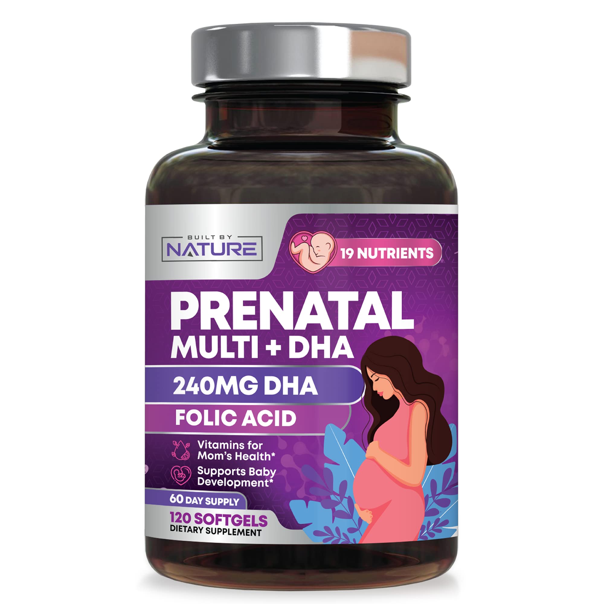 Built by Nature Prenatal Vitamins for Women - Multivitamin with DHA, Folic Acid, Vitamin C, B12, Iron & Omega-3 - Before, During & Post Pregnancy Supplement for Healthy Growth & Brain Development