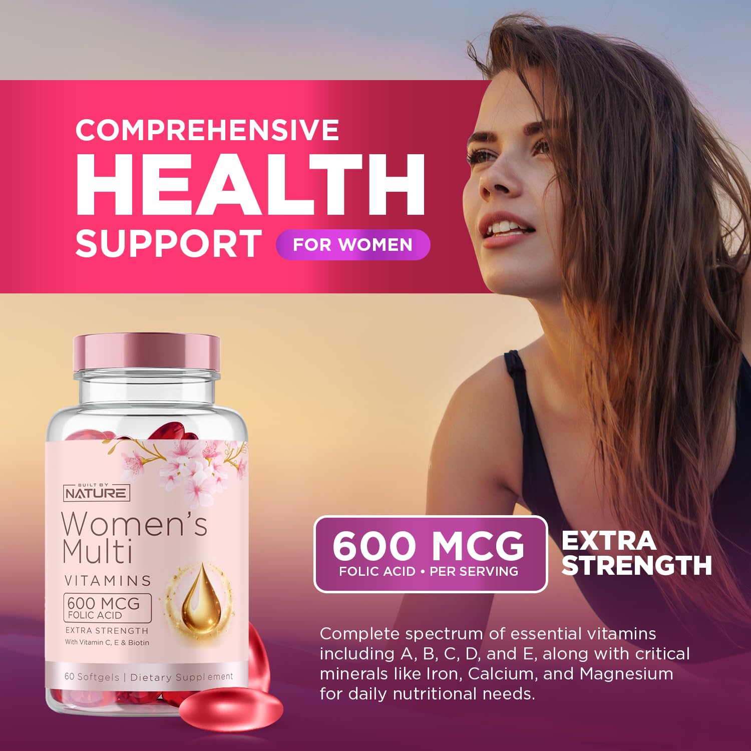 Built by Nature Vitamins for Women – Women's Complete Daily Multivitamin Supplement with A, B, C, D, E, Iron, Calcium, Magnesium and Multi Minerals – Wellness & Immune Health Support