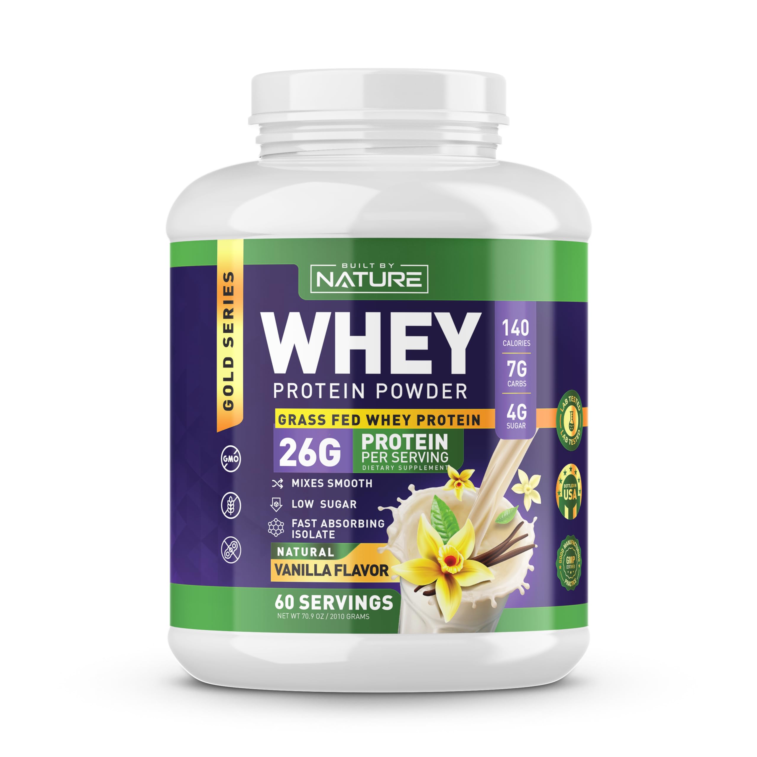 Built by Nature Whey Protein Powder - 100% Pure Whey Shake with Whey Isolate, Protein, No Bloating, Mixes Smooth, No Clumps or Chunks - High Protein, Low Sugar Drink