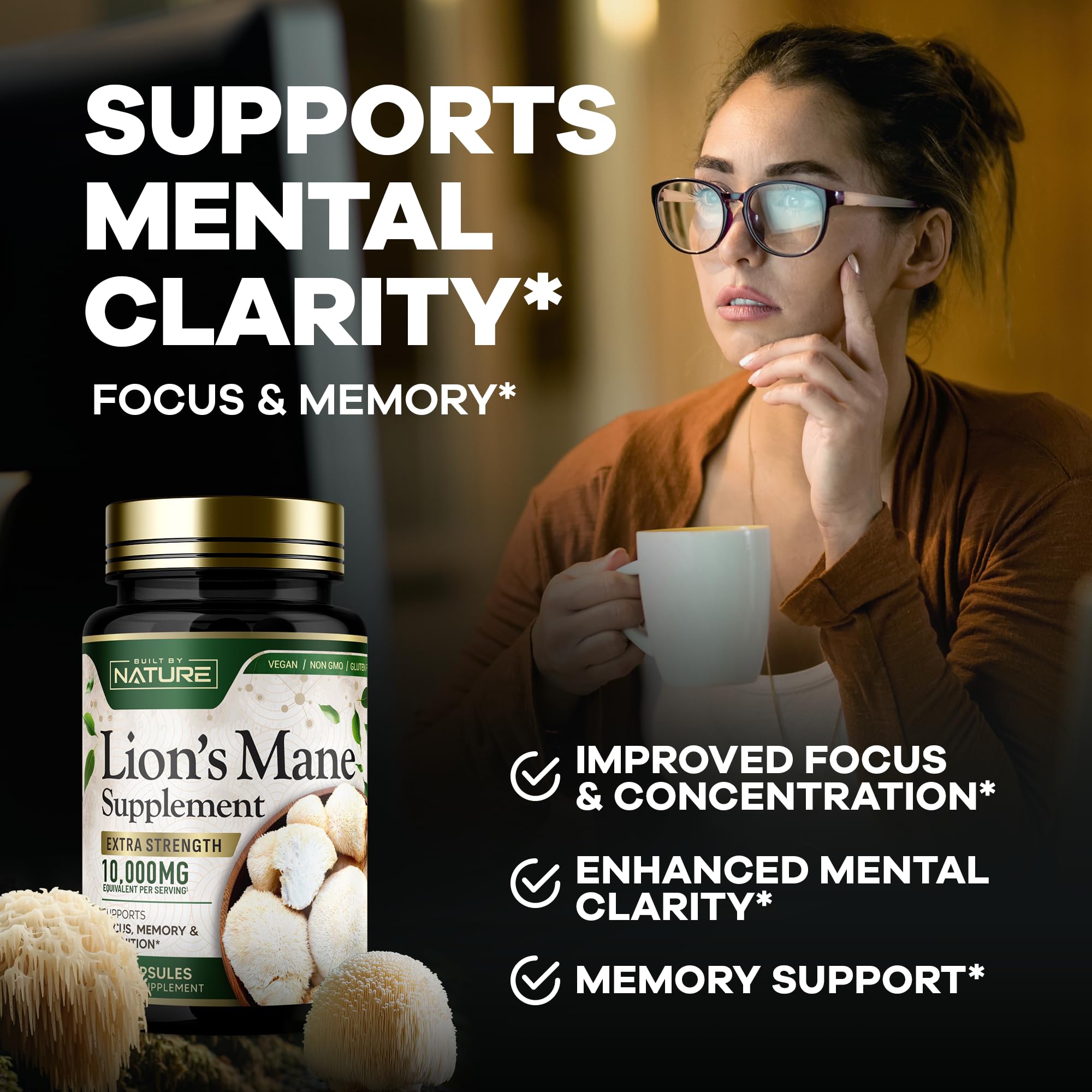 Built by Nature Lion’s Mane 10,000mg – Extra Strength Mushroom Supplement for Nootropic Brain Support – Focus, Memory and Cognitive Function – Non-GMO, Gluten-Free, Vegan - 60 Capsules