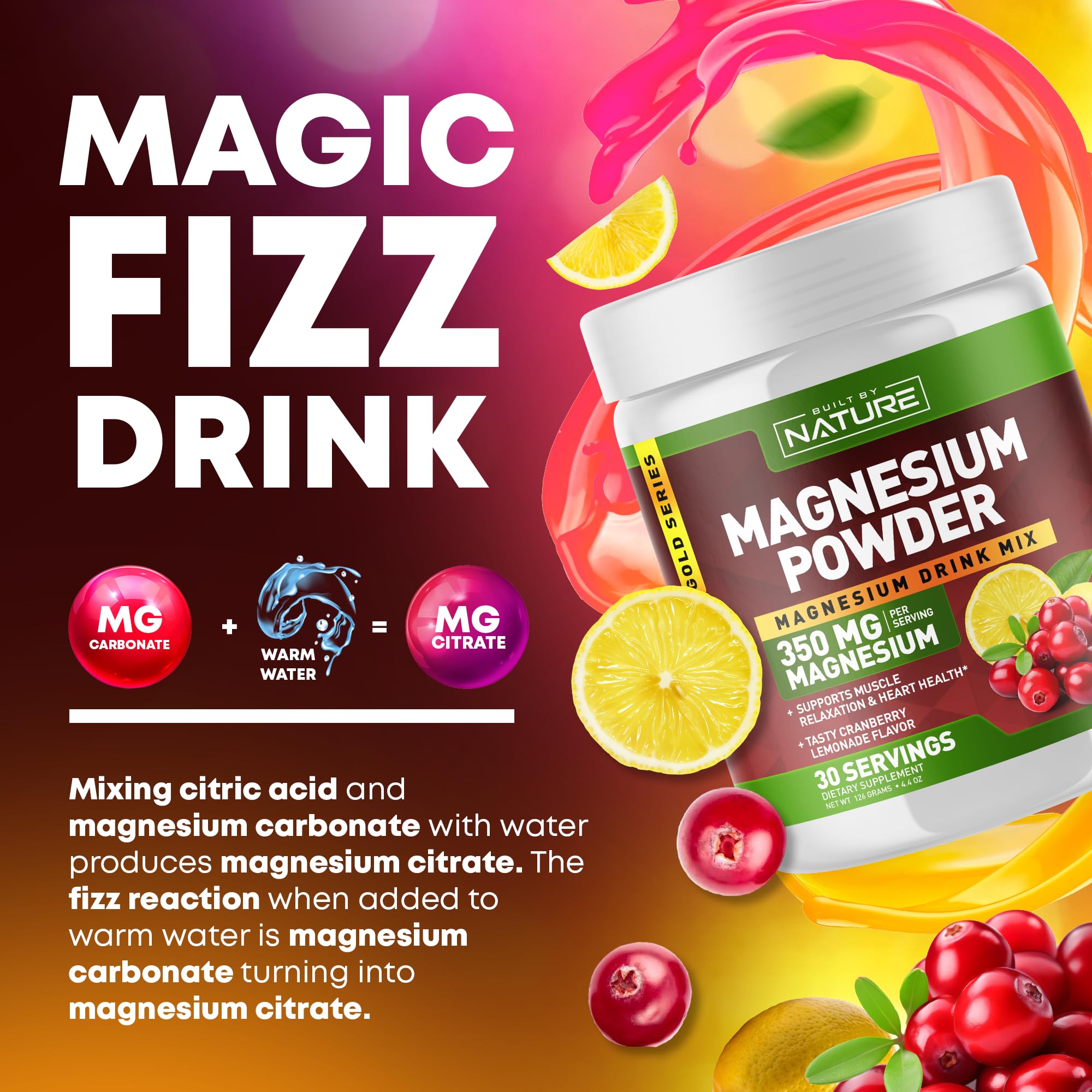 Built by Nature Magnesium Powder - Anti-Stress Drink Mix for Calm & Regularity - Magnesium Citrate Supplement - Relaxation, Muscle & Heart Support - Cranberry Lemonade Flavor - 30 Servings