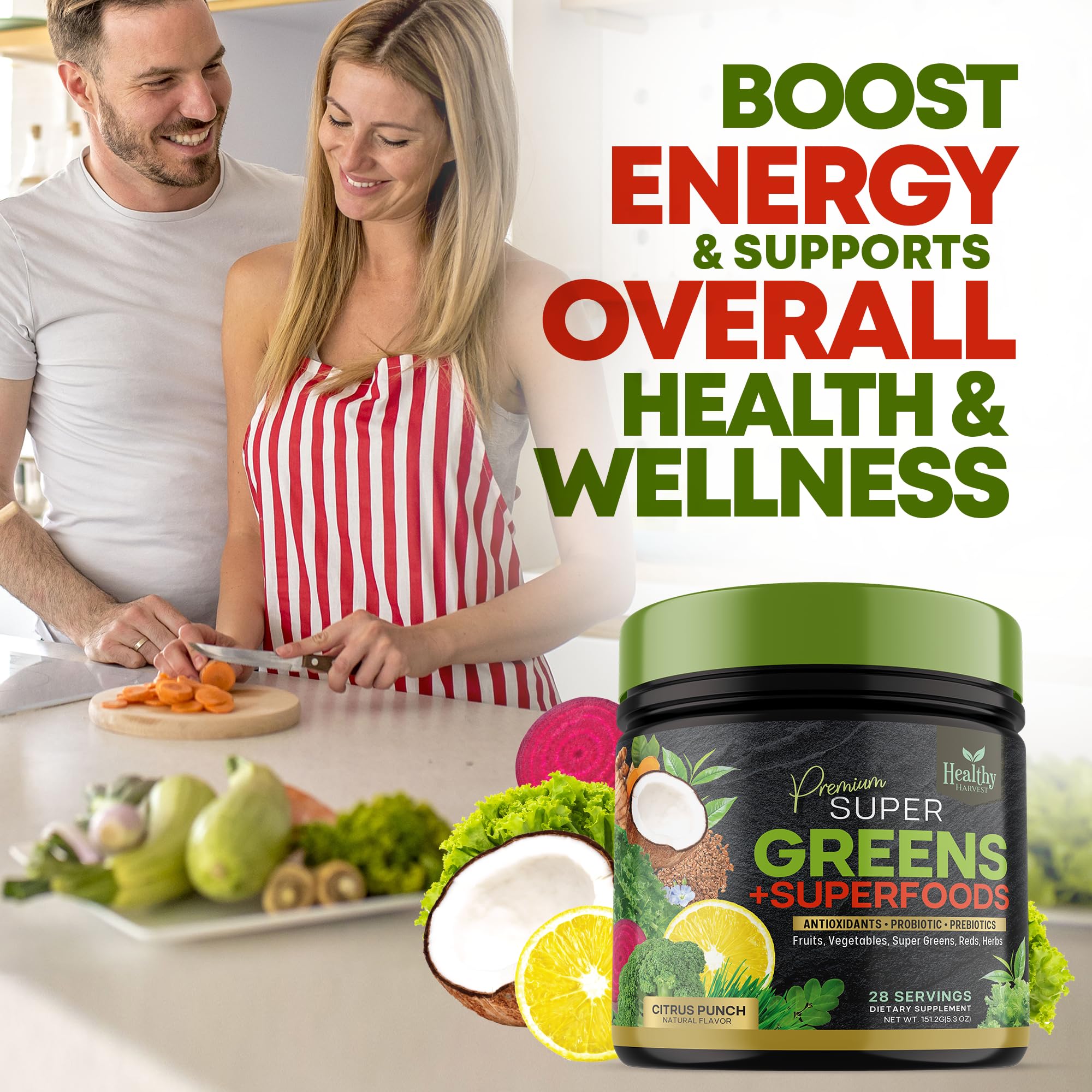 Greens Powder Superfood Supplement - Super Green Reds Smoothie Mix Blend with Spirulina, Wheat Grass, Chlorella, Beets, Probiotics, Natural Antioxidants - Vegan, Non-GMO - 28 Servings