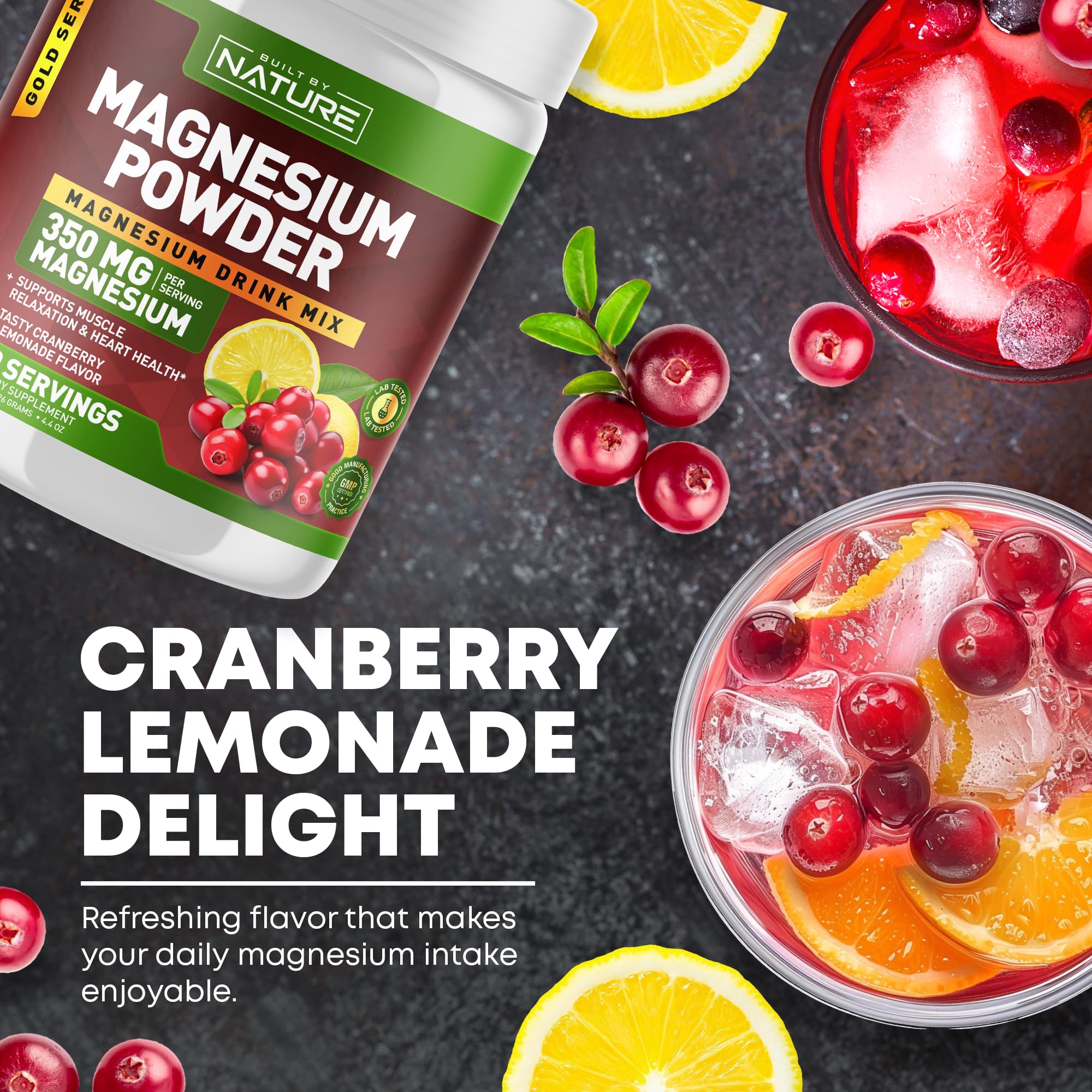 Built by Nature Magnesium Powder - Anti-Stress Drink Mix for Calm & Regularity - Magnesium Citrate Supplement - Relaxation, Muscle & Heart Support - Cranberry Lemonade Flavor - 30 Servings