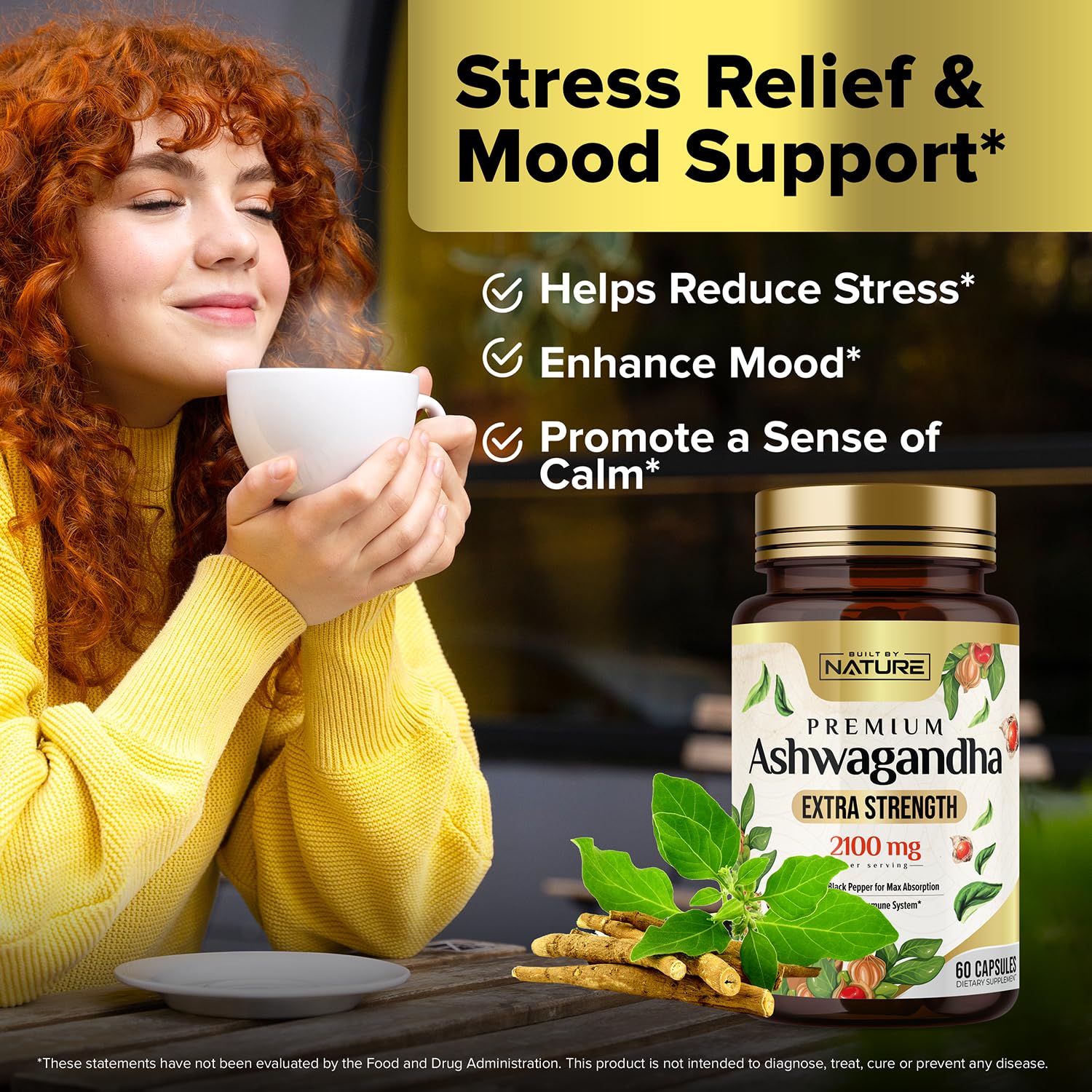 Built by Nature Ashwagandha 2100mg Extra Strength Stress Relief & Mood Support with Black Pepper Extract for Max Absorption - Non-GMO, Vegan, Gluten-Free - 60 Capsules