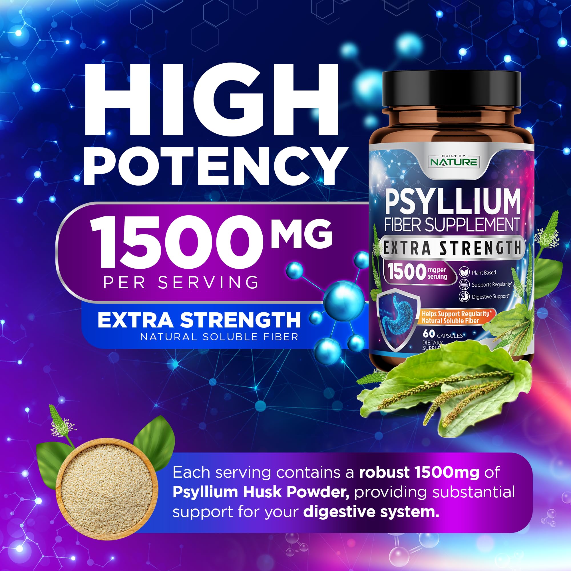 Psyllium Husk Capsules 1500mg - Fiber Supplement - Natural Soluble Fiber Pills with Psyllium Husk Powder - Supports Digestive Gut and Colon Health - Non-GMO, Gluten-Free, Vegan