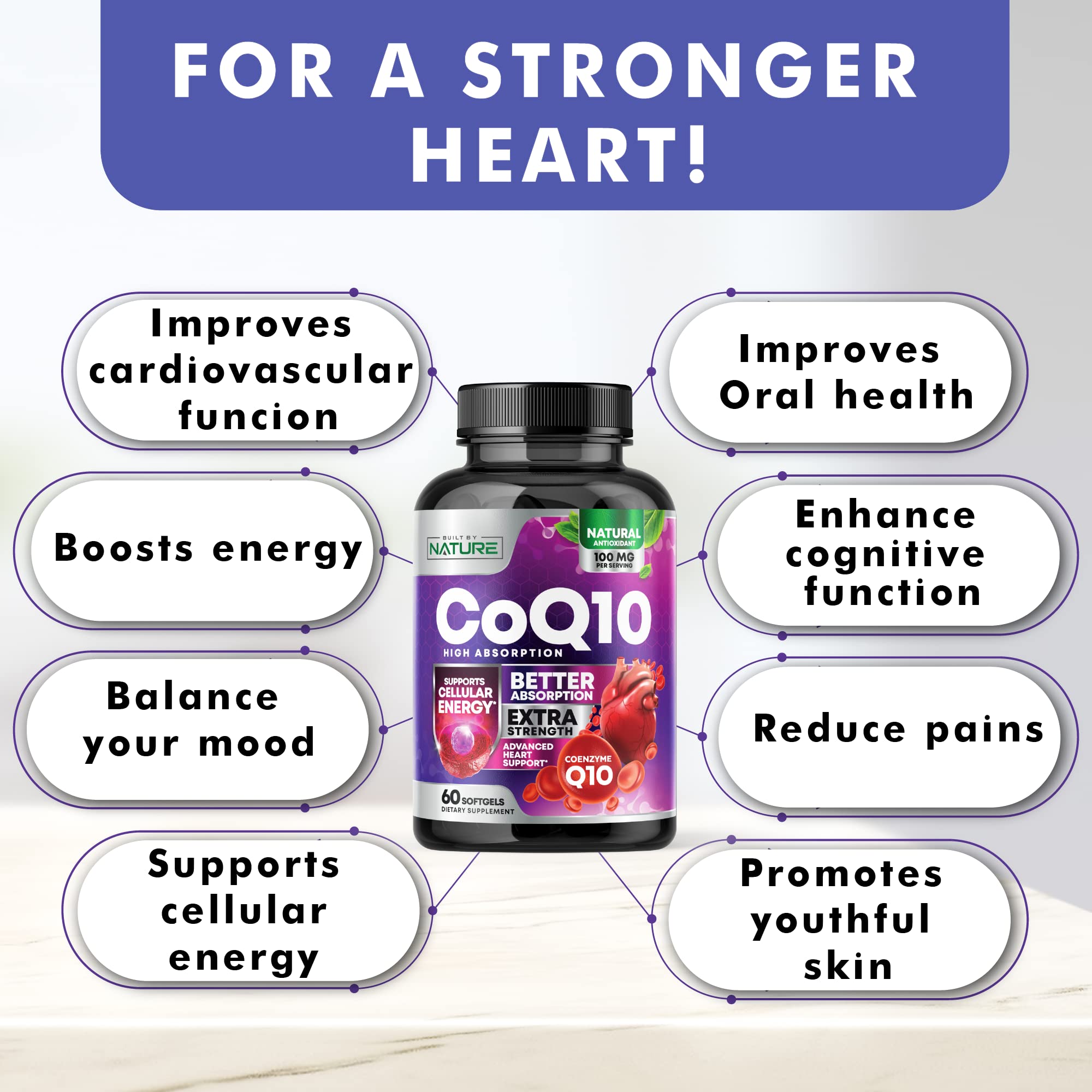 CoQ10 100mg Softgels, High Absorption Coenzyme Q10, Heart Health & Energy Production Support, Rapid Release Antioxidant Supplement - Gluten Free, Naturally Fermented, 60 Count – 2 Month Supply