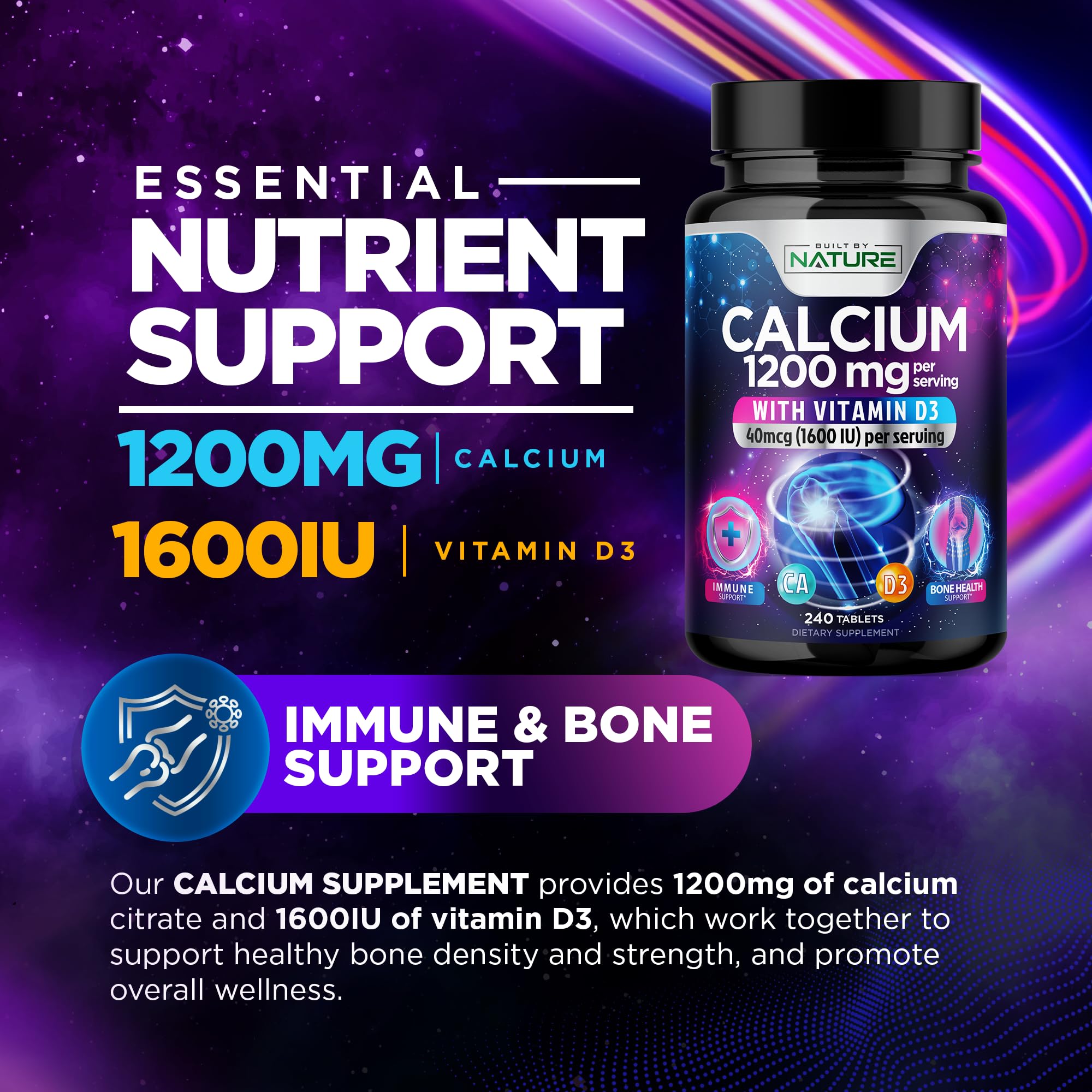 Calcium 1200mg with Vitamin D3 for Best Absorption - Advanced Bone Support Supplement, 1200 mg Calcium Carbonate & 1600 IU Vitamin D3