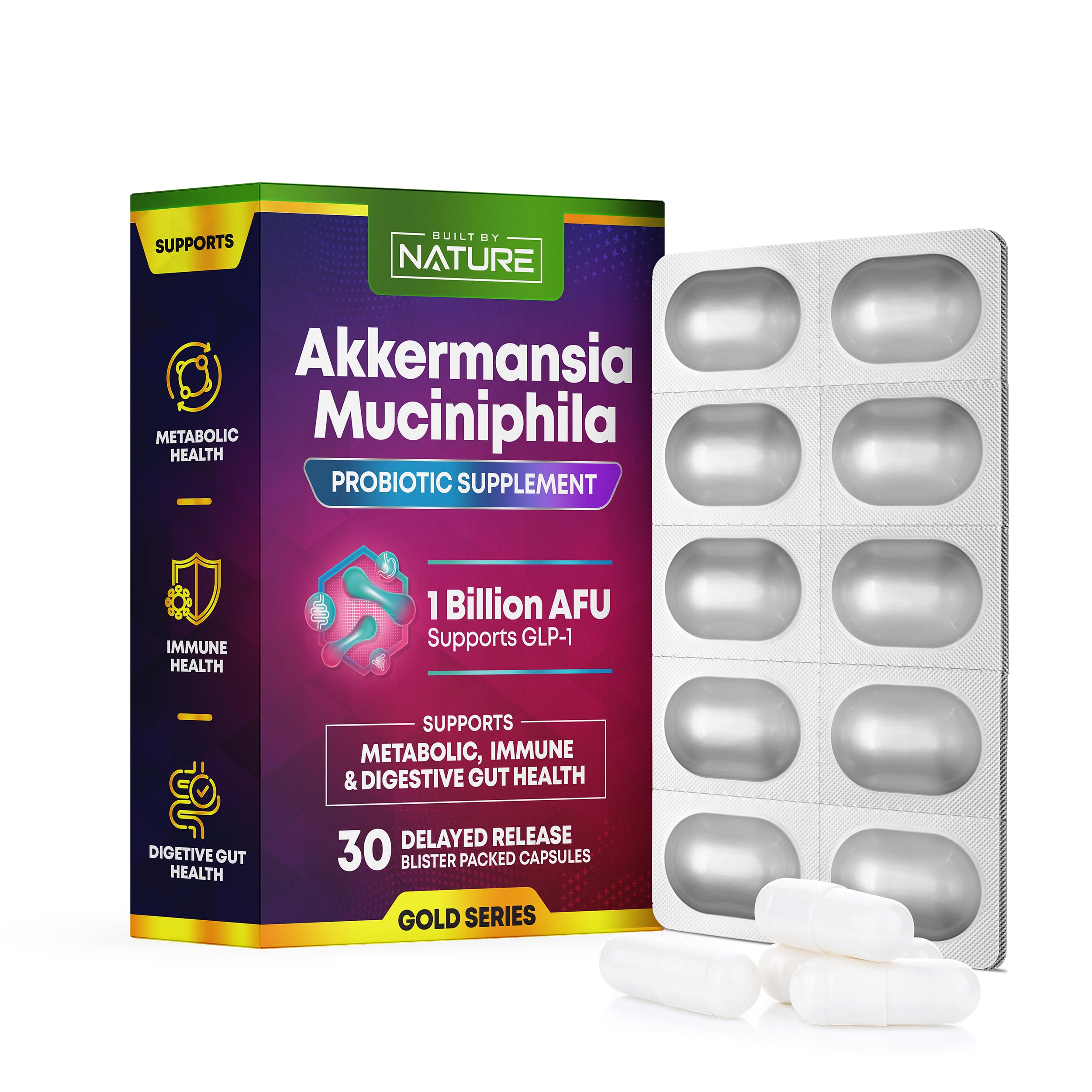 Built by Nature Akkermansia Muciniphila Probiotic Supplement – 1 Billion AFU - Supports GLP-1, Immune & Digestive Gut Health - 30 Delayed Release Blister Packed Capsules