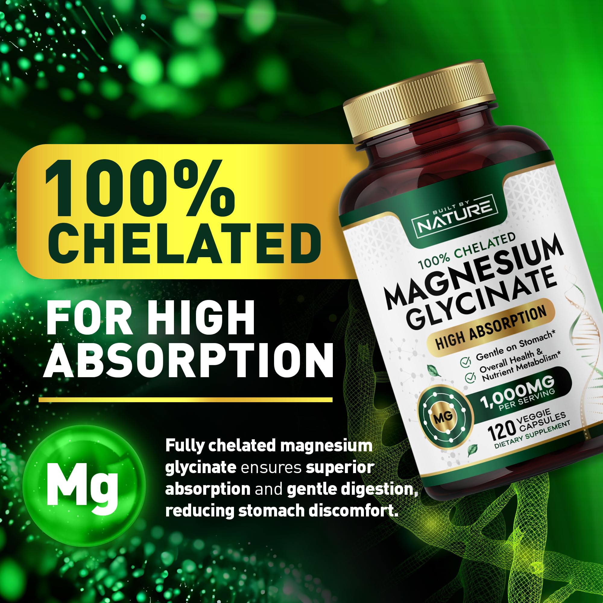 Built By Nature Magnesium Glycinate 1000mg – High Absorption Magnesium Supplement – 100% Chelated, Gentle on Stomach - Muscle, Heart, Bone & Relaxation Support - Non-GMO, Vegan