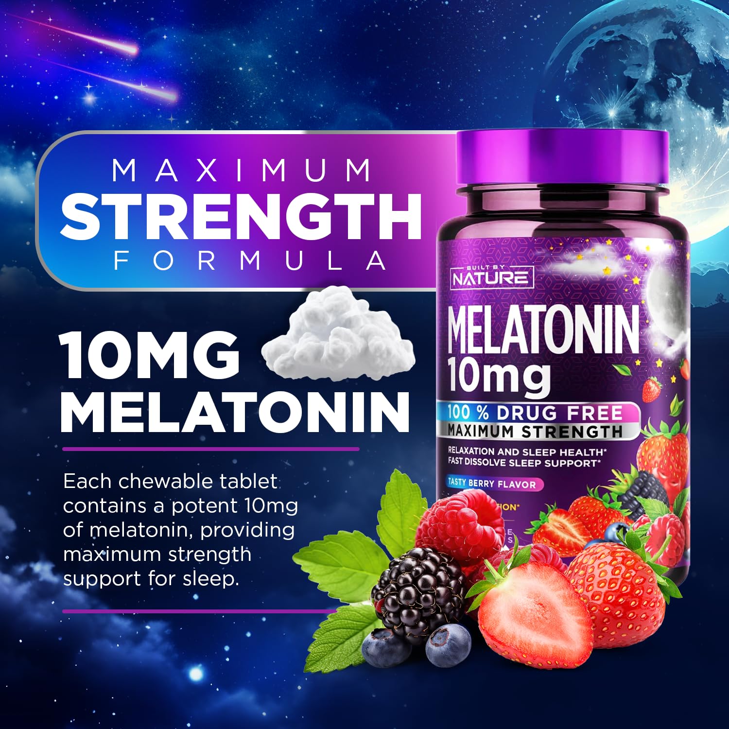 Built by Nature Melatonin 10mg Chewables – Max Strength Melatonin - Fast Dissolve Chews for Adults – Drug-Free Sleep Aid Supplement - Vegan, Non-GMO, Gluten-Free – Berry Flavor