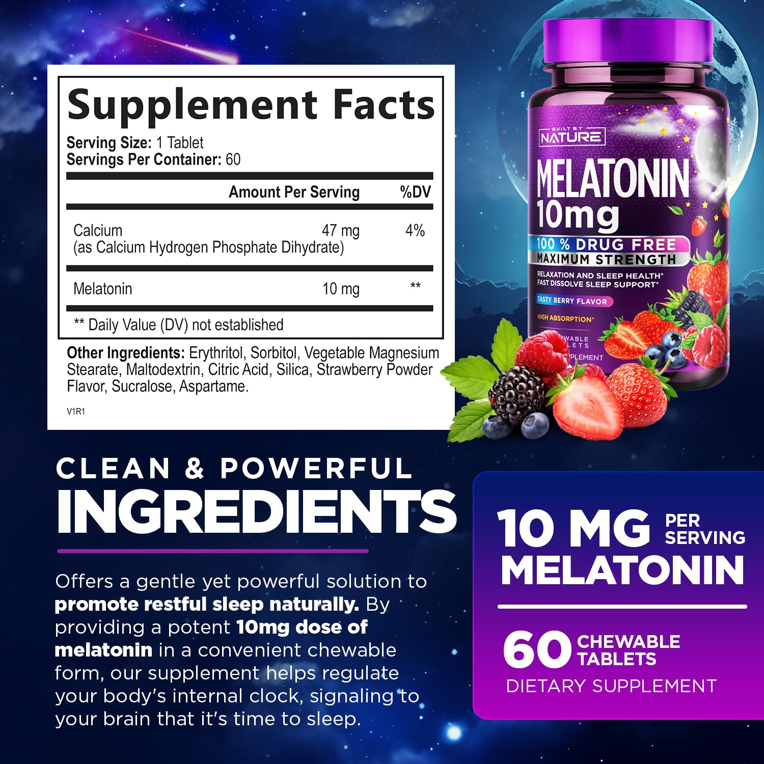 Built by Nature Melatonin 10mg Chewables – Max Strength Melatonin - Fast Dissolve Chews for Adults – Drug-Free Sleep Aid Supplement - Vegan, Non-GMO, Gluten-Free – Berry Flavor