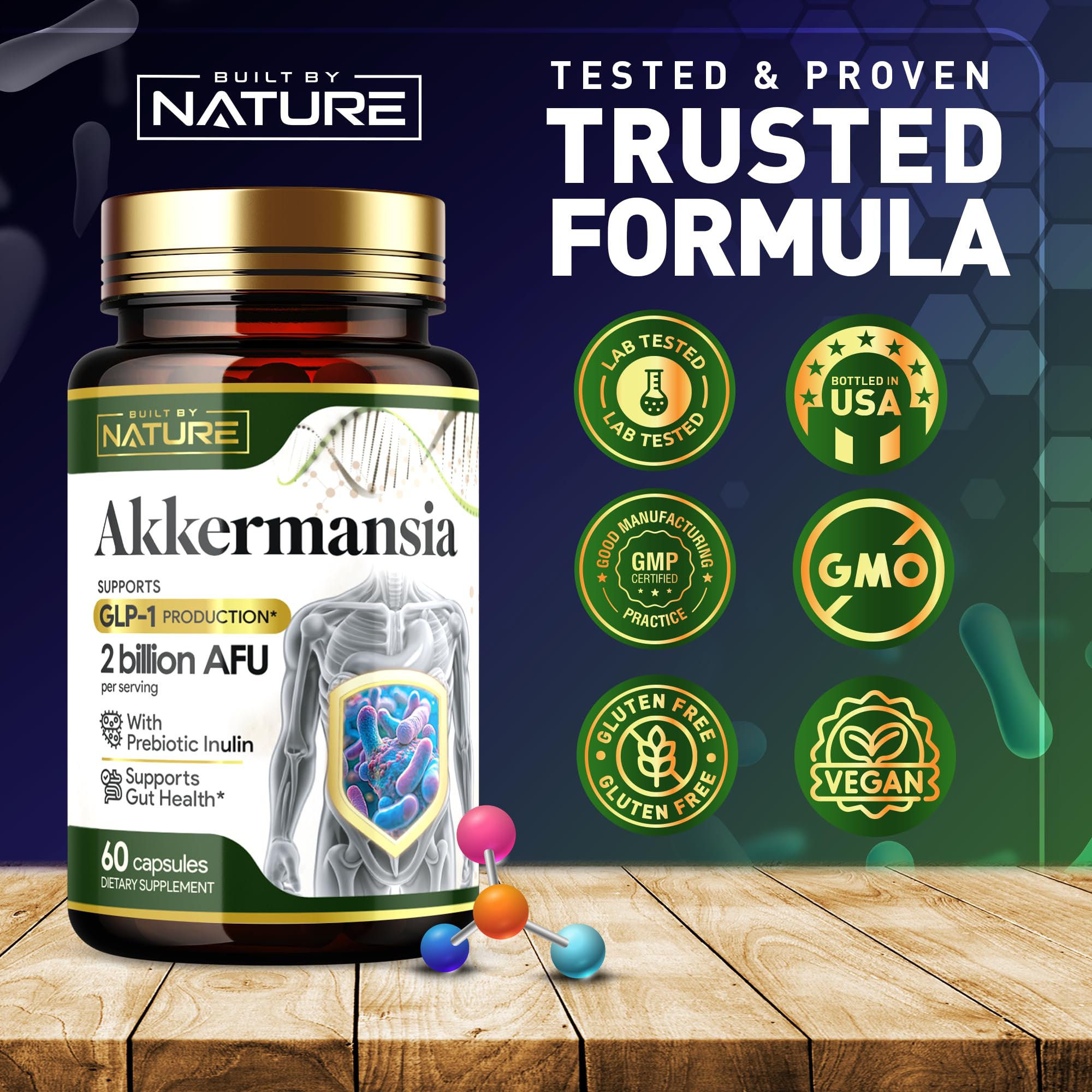 Built by Nature Akkermansia Muciniphila Probiotic Supplement – 2 Billion AFU - Supports GLP-1, Immune & Digestive Gut Health - 120 Delayed Release Capsules