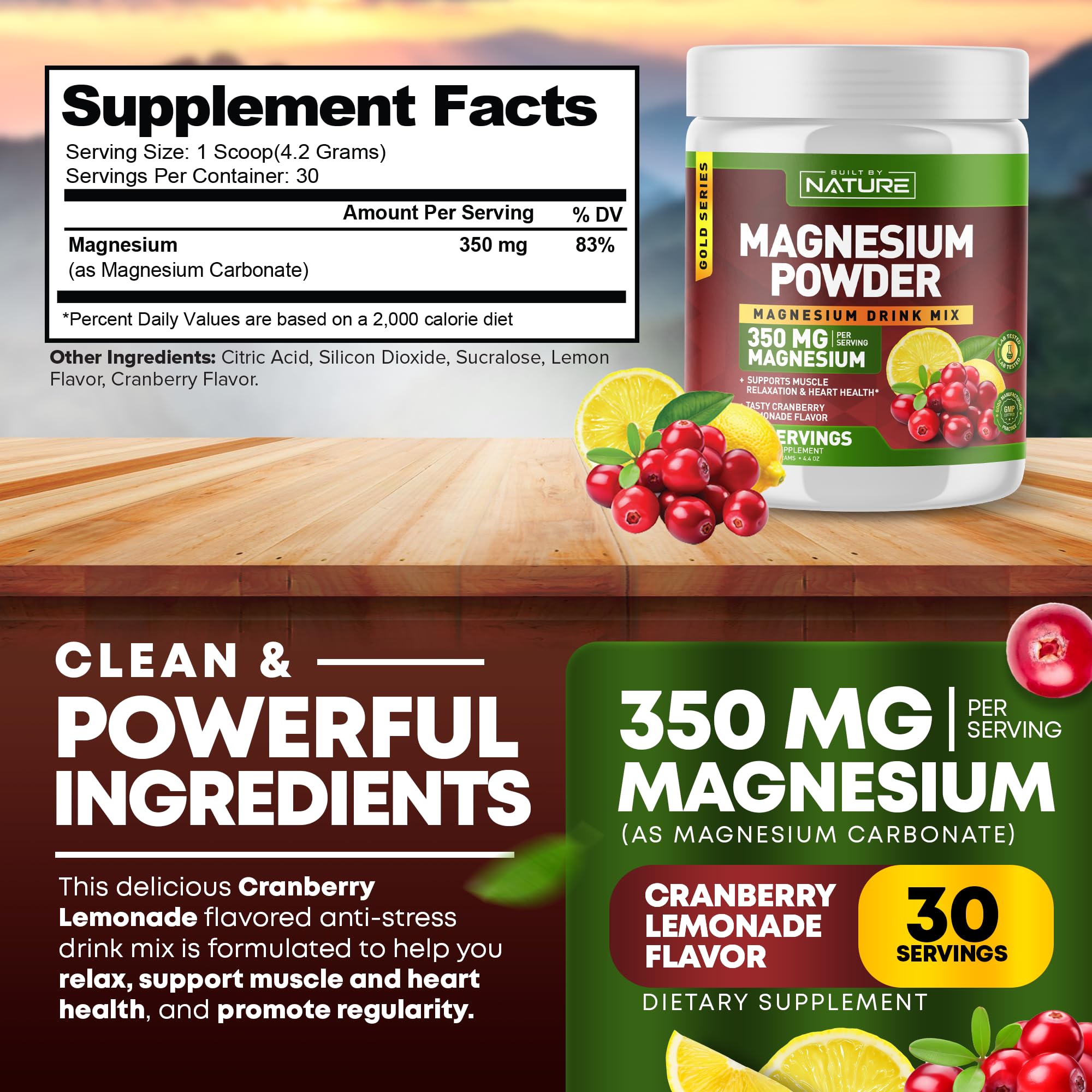 Built by Nature Magnesium Powder - Anti-Stress Drink Mix for Calm & Regularity - Magnesium Citrate Supplement - Relaxation, Muscle & Heart Support - Cranberry Lemonade Flavor - 30 Servings