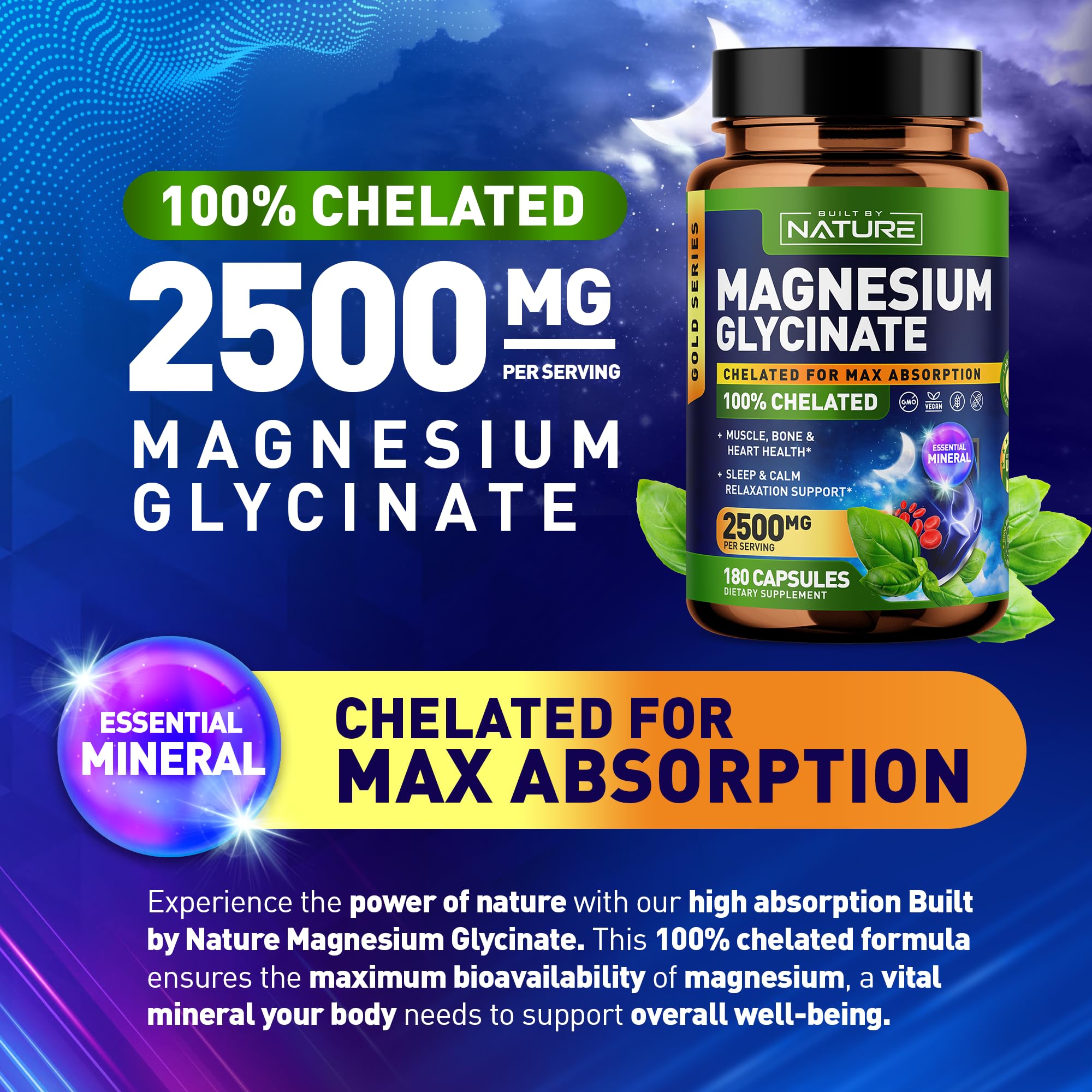 Magnesium Glycinate 2500mg - High Absorption Chelated Magnesium Supplement - 100% Pure Magnesium Glycinate - Stress, Sleep, Heart, Muscle Health Support - Non-GMO, Vegan, Gluten-Free - 180 Capsules