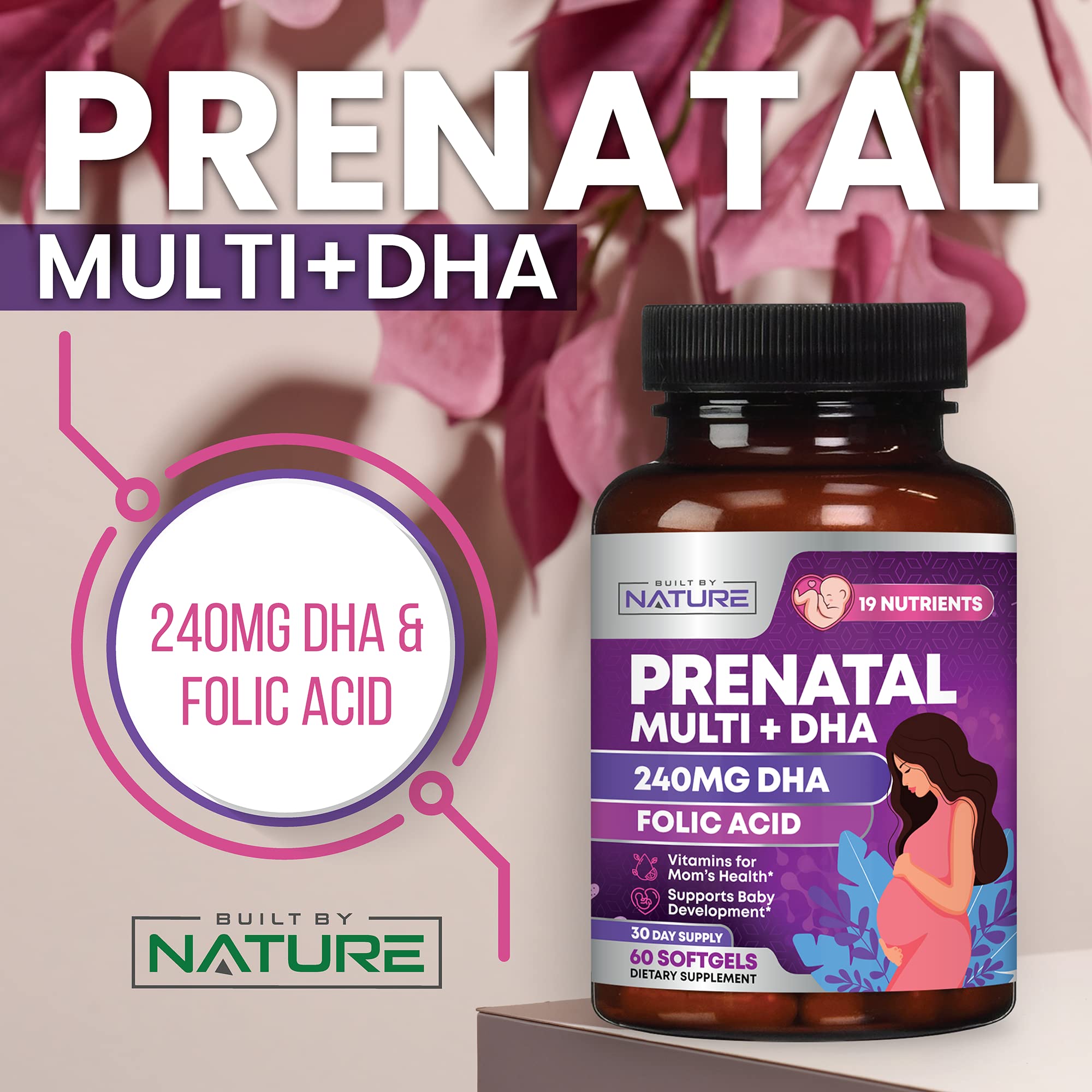 Built by Nature Prenatal Vitamins for Women - Multivitamin with DHA, Folic Acid, Vitamin C, B12, Iron & Omega-3 - Before, During & Post Pregnancy Supplement for Healthy Growth & Brain Development