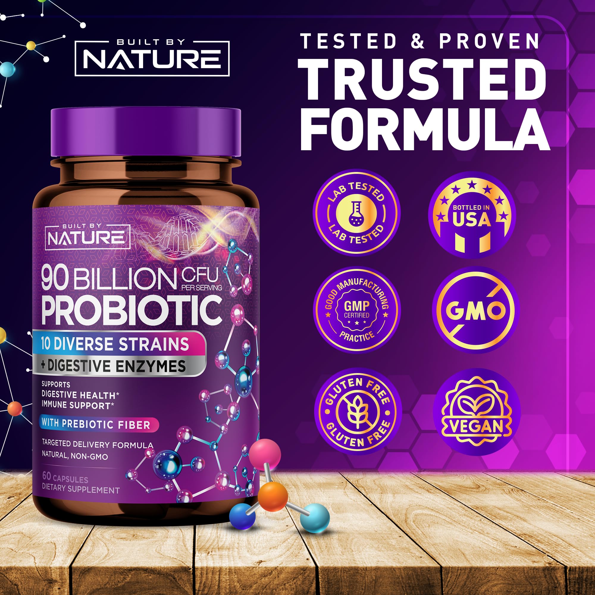 80 Billion CFU Probiotic - Daily Digestive Gut Health Supplement for Men & Women - Lactobacillus acidophilus, Bifidobacterium & Prebiotics - Non-GMO, Gluten & Dairy Free, Shelf-Stable - 60 Capsules