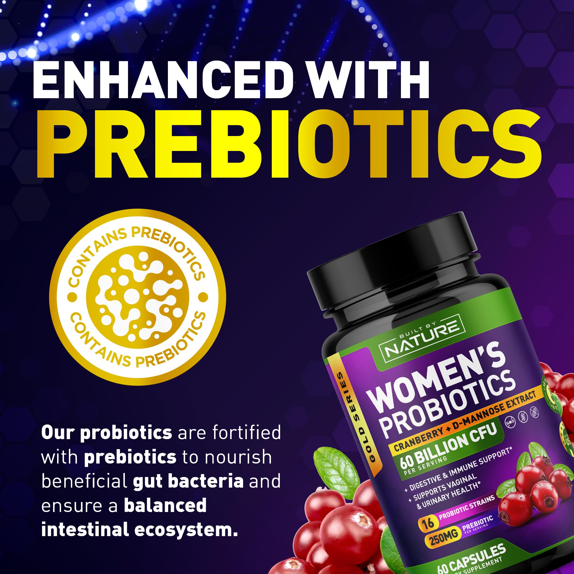 Built by Nature Probiotics for Women - 60 Billion CFUs, 16 Strains, with Cranberry, D-Mannose & Prebiotics - Supports Digestive, Immune, & Vaginal Health - Non-GMO, Dairy & Gluten-Free