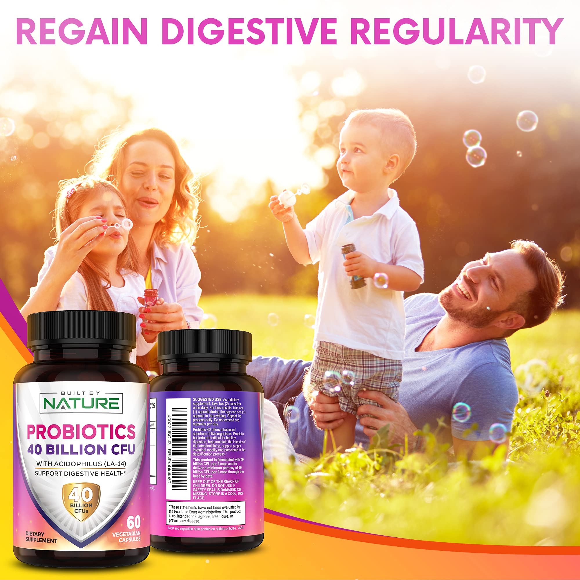 Probiotics 40 Billion CFU - 4 Diverse Strains + Prebiotic - Digestive & Gut Health - Supports Occasional Constipation, Diarrhea, Gas & Bloating - Probiotics For Women & Men - 60 Capsule