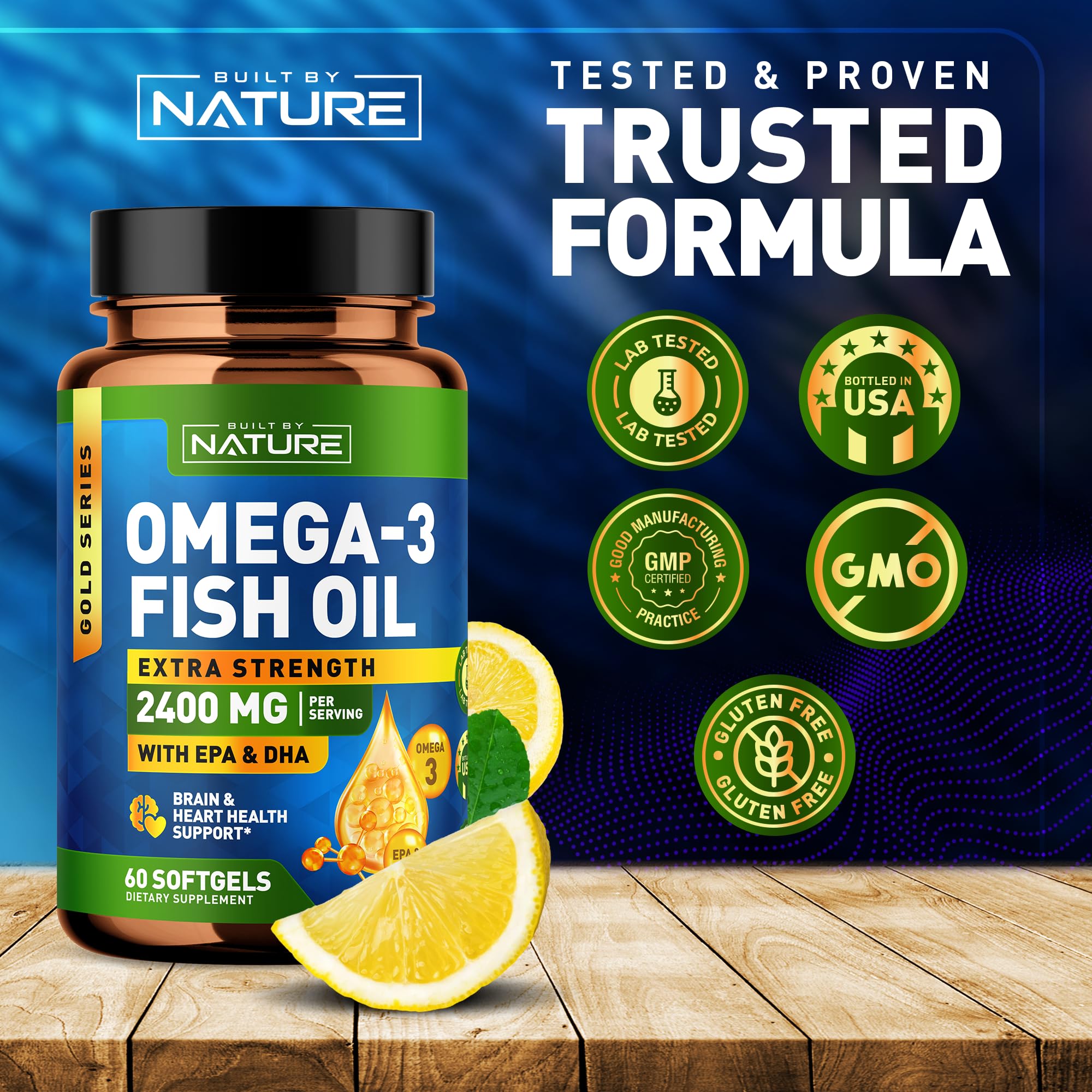 Built by Nature Omega 3 Fish Oil Soft Gels - 2400 mg Fish Oil, 1440 mg Omega 3, 863 mg EPA, 576 mg DHA - Extra Strength Brain & Heart Health Support Supplement