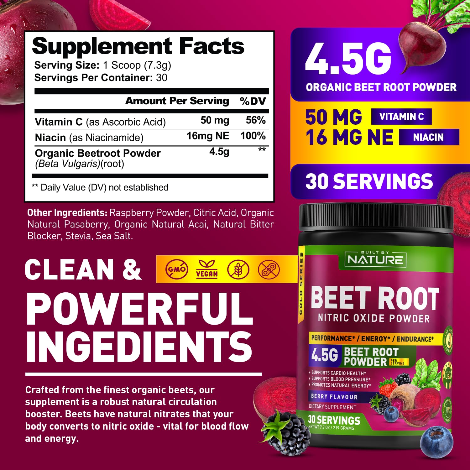 Beet Root Nitric Oxide Powder Supplement - Organic Beetroot Super Food Performance Booster for Circulation, Energy, Stamina, Blood Flow and Heart Health - Vegan, Non-GMO - Berry Flavor - 30 Servings