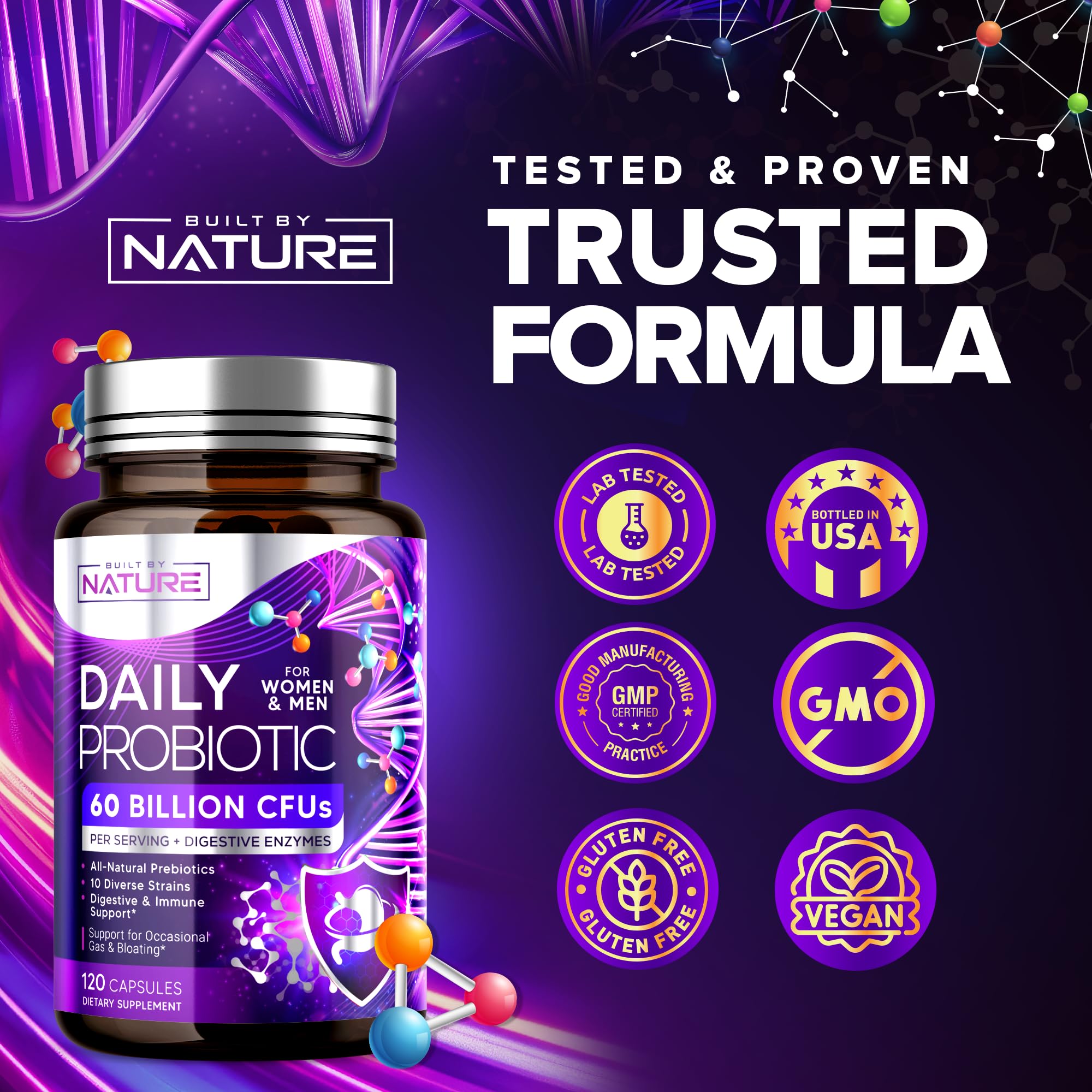 Built by Nature Probiotic for Women & Men – 60 Billion CFU, 10 Strains + Prebiotics & Digestive Enzymes – Supports Digestive, Immune, Reduce Gas & Bloating – Shelf Stable, Non-GMO