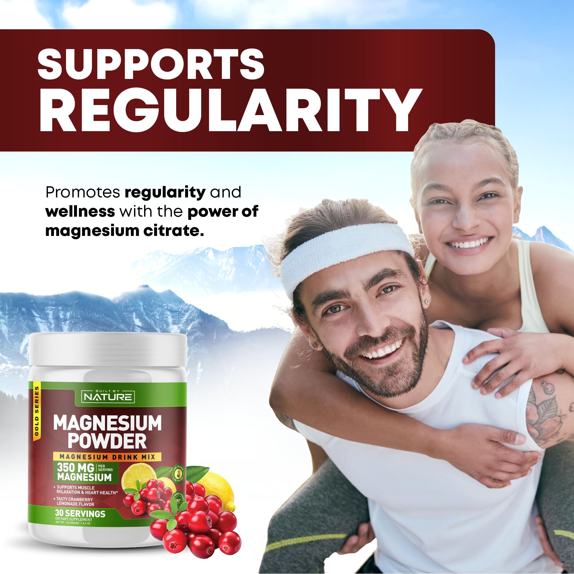 Built by Nature Magnesium Powder - Anti-Stress Drink Mix for Calm & Regularity - Magnesium Citrate Supplement - Relaxation, Muscle & Heart Support - Cranberry Lemonade Flavor - 30 Servings