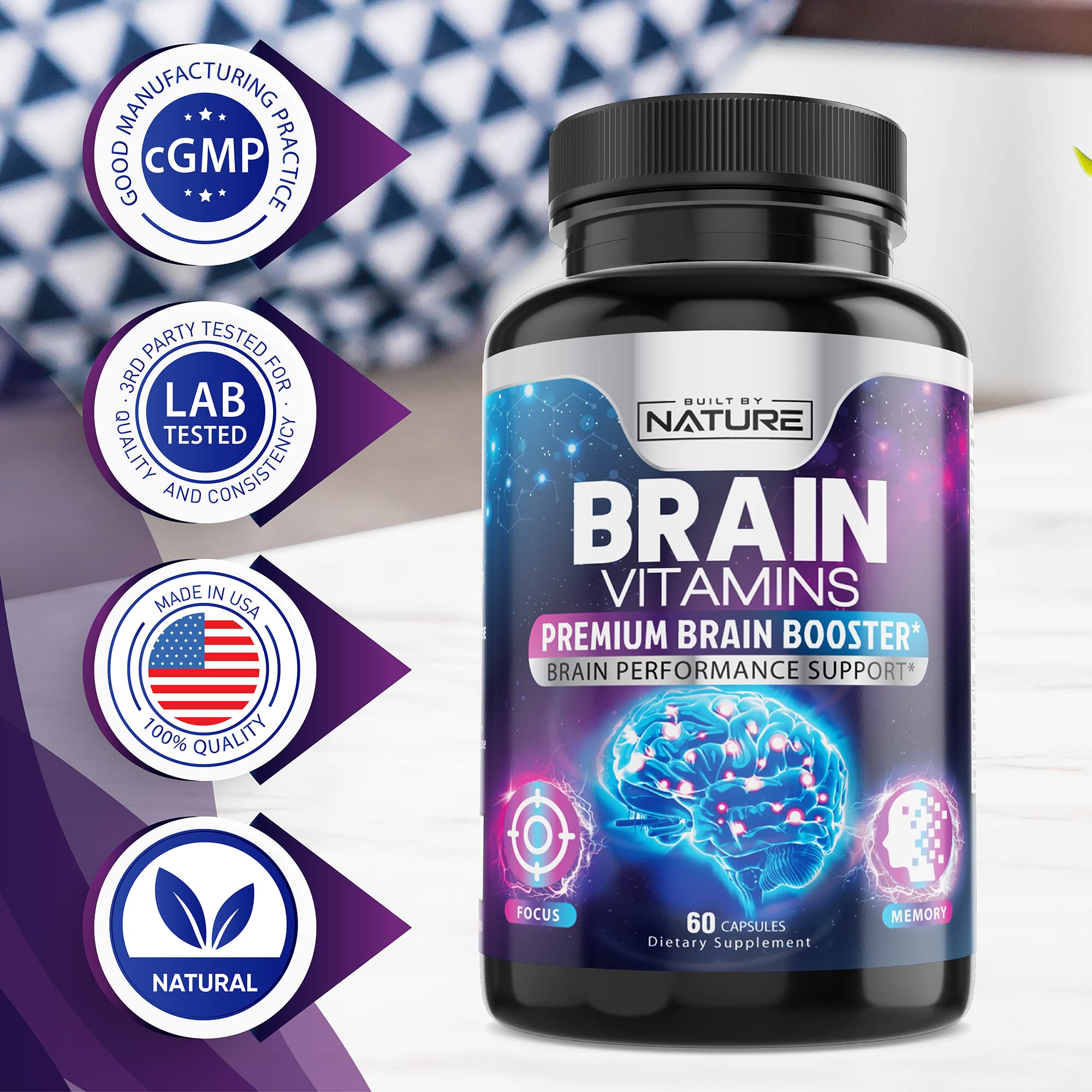 Nootropic Brain Booster Supplement - Memory, Focus & Concentration Support with Vitamins B6 & B12, Proven and Tested Phosphatidylserine - Natural Cognitive Function & Energy Boost, 60 Capsules